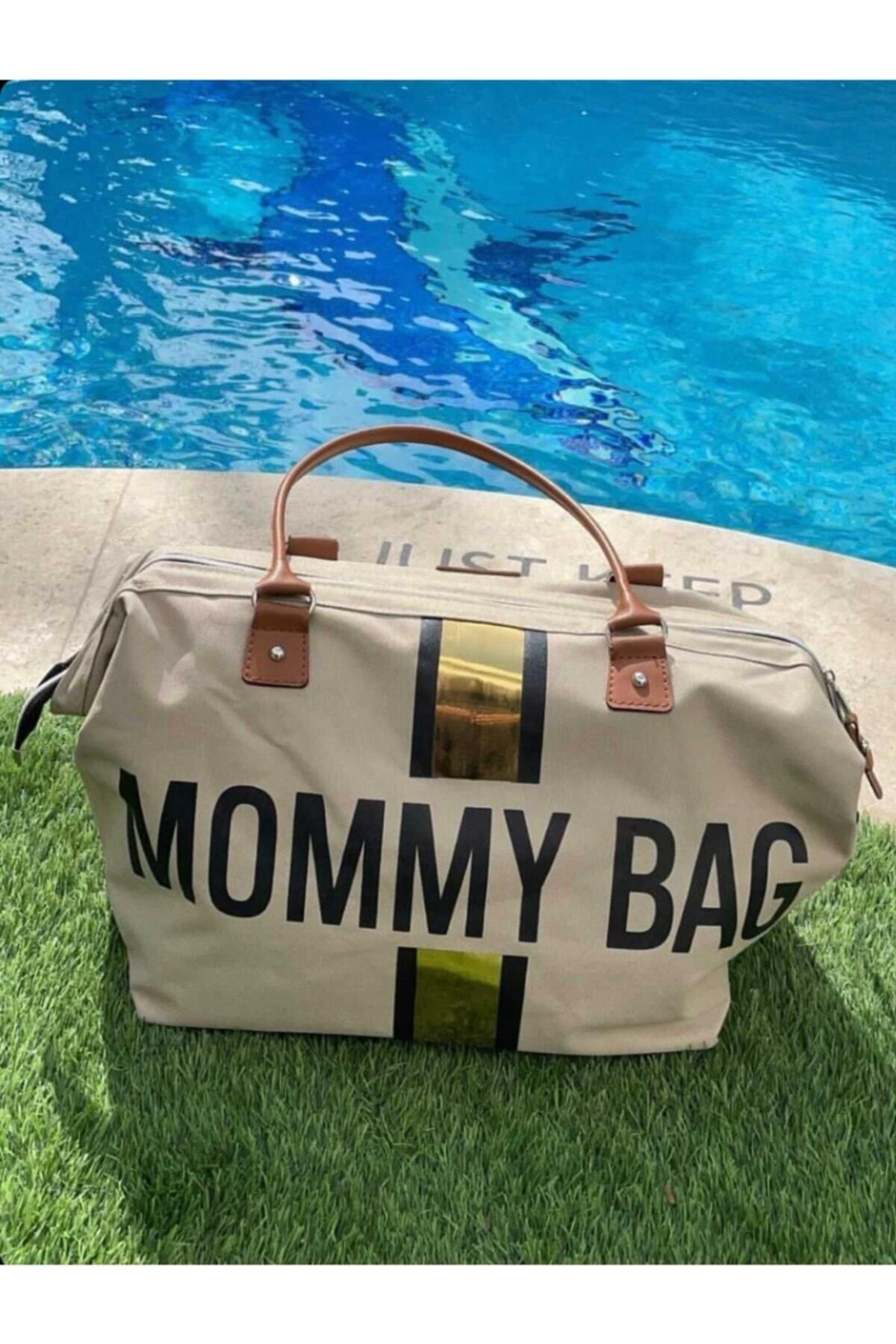 Babysi Mommy Bag Tasarım Altın Çizgili Bej Baby Anne Bebek Bakım Ve Kadın Çantası