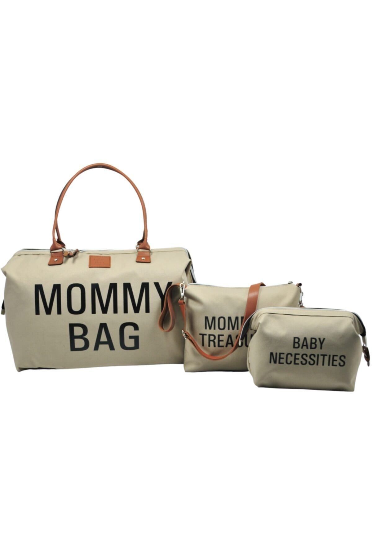 Babysi Mommy Bag Tasarım 3 lü Set Bej Baby Anne Bebek Bakım ve Kadın Çantası