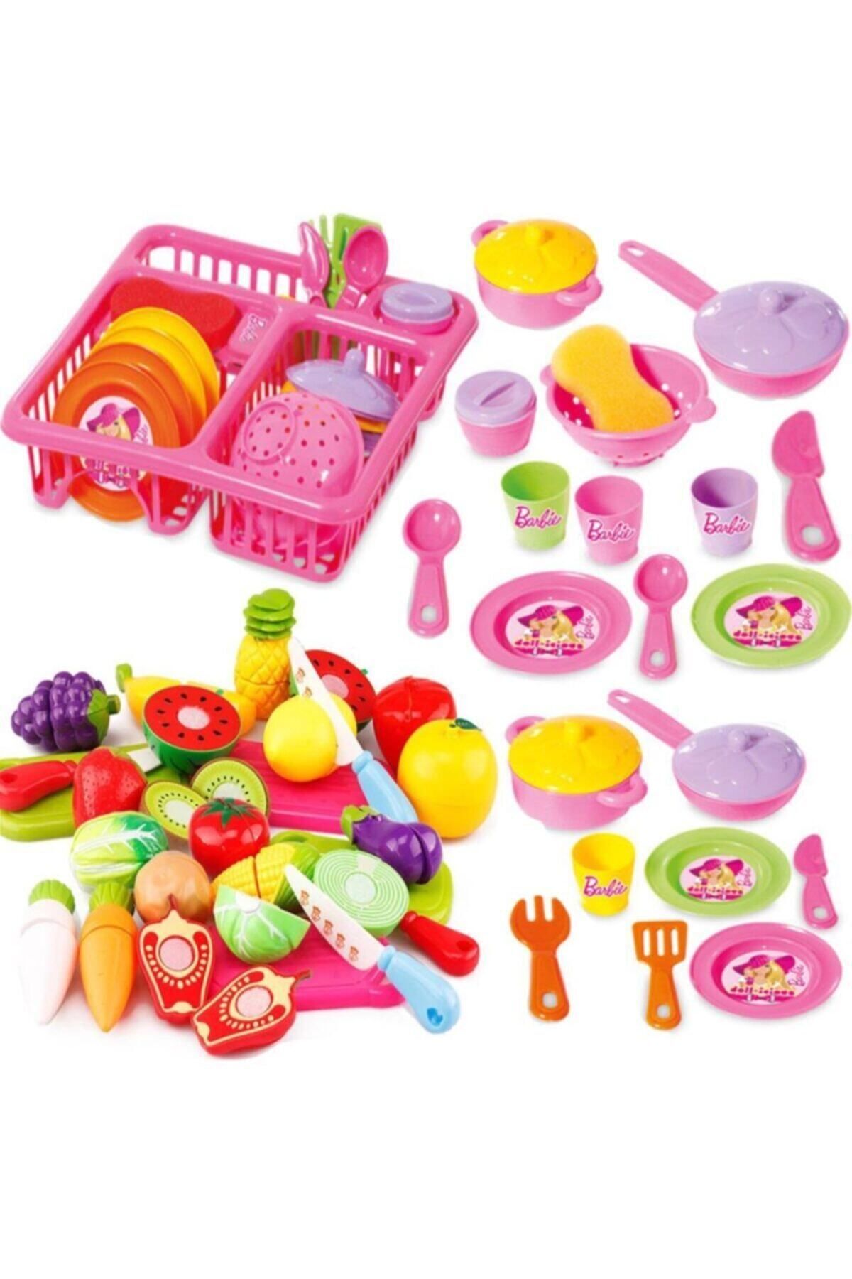 Depomiks Avm 20 Parça Kesilebilen Oyuncak Meyve Sebze Set + Barbie Oyuncak Bulaşıklık Tabak Tencere Set Depomiks