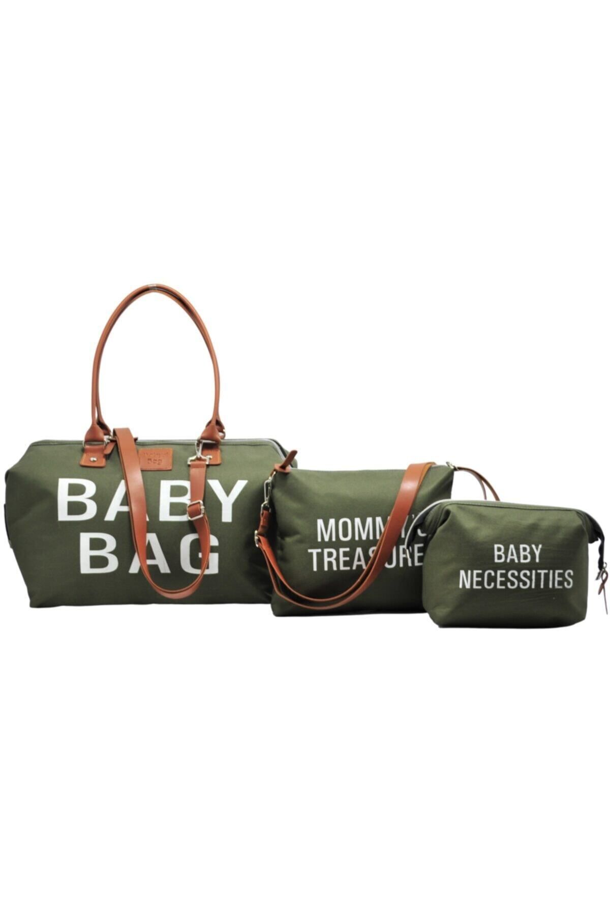 Babysi Baby Bag Tasarım 3 Lü Set Haki Yeşil Anne Bebek Bakım Ve Kadın Çantası