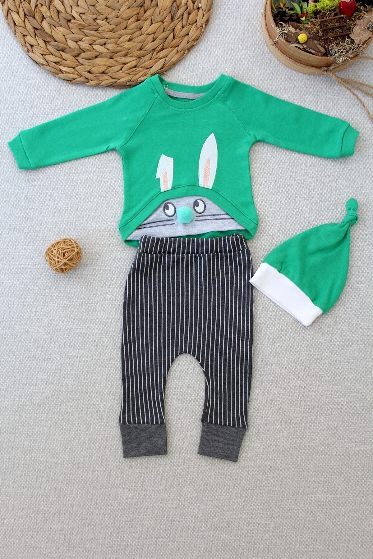 Tomuycuk 3'lü Yeşil Erkek Bebek Çocuk Takım 3-6-9-12 Ay Sweatli Bebek Takımları Kıyafetleri Bebek Giyim