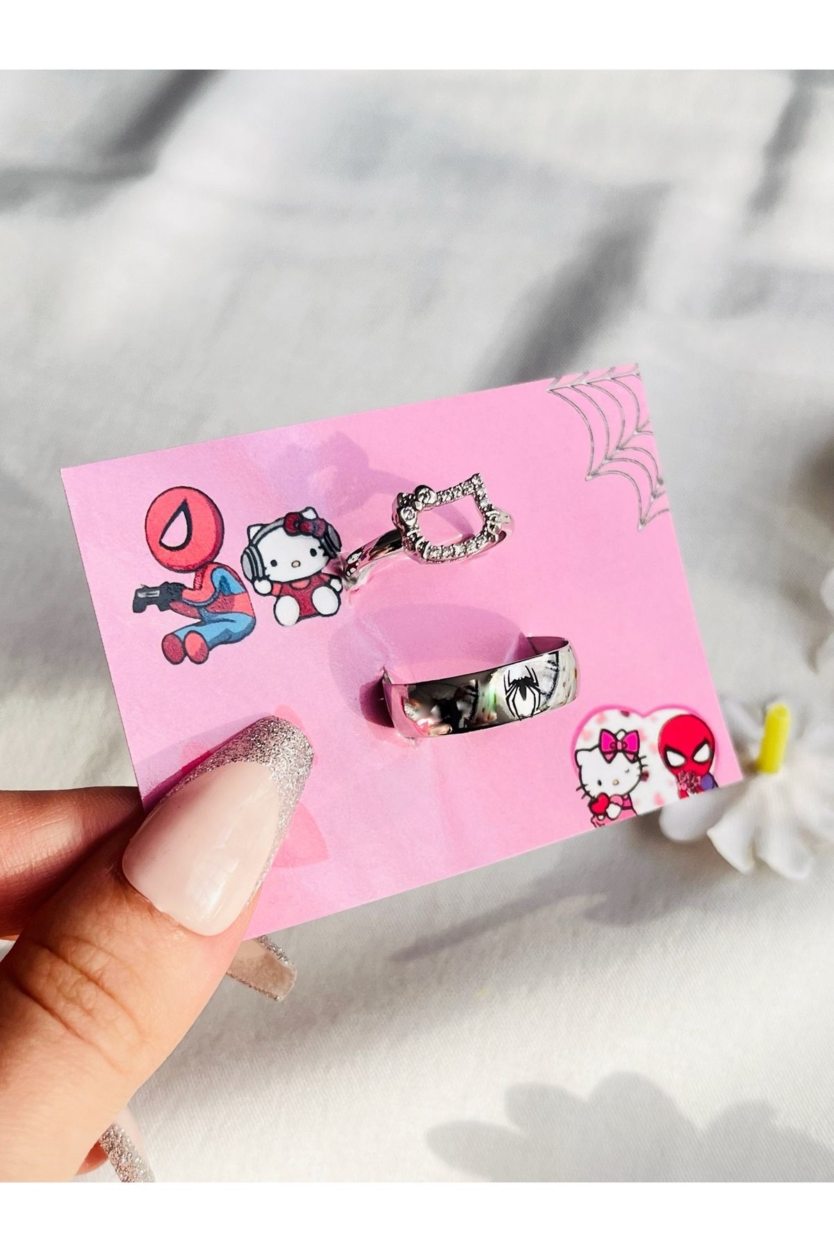 Harlofia Jewelry Hello Kitty Spiderman Ayarlanabilir Çift Yüzükleri
