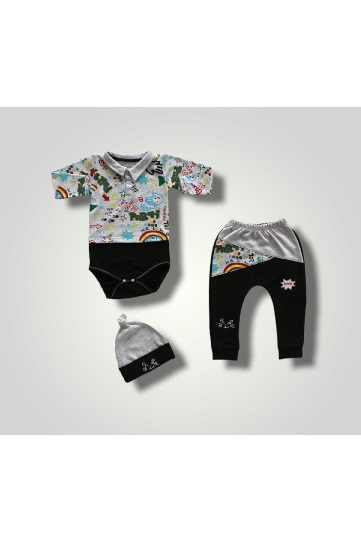 Tomuycuk 3lü Siyah Erkek Bebek Takım 3-6-9-12 Ay Pow Bodyli Uzunkol Bebek Takımları Kıyafetleri Bebek Giyim