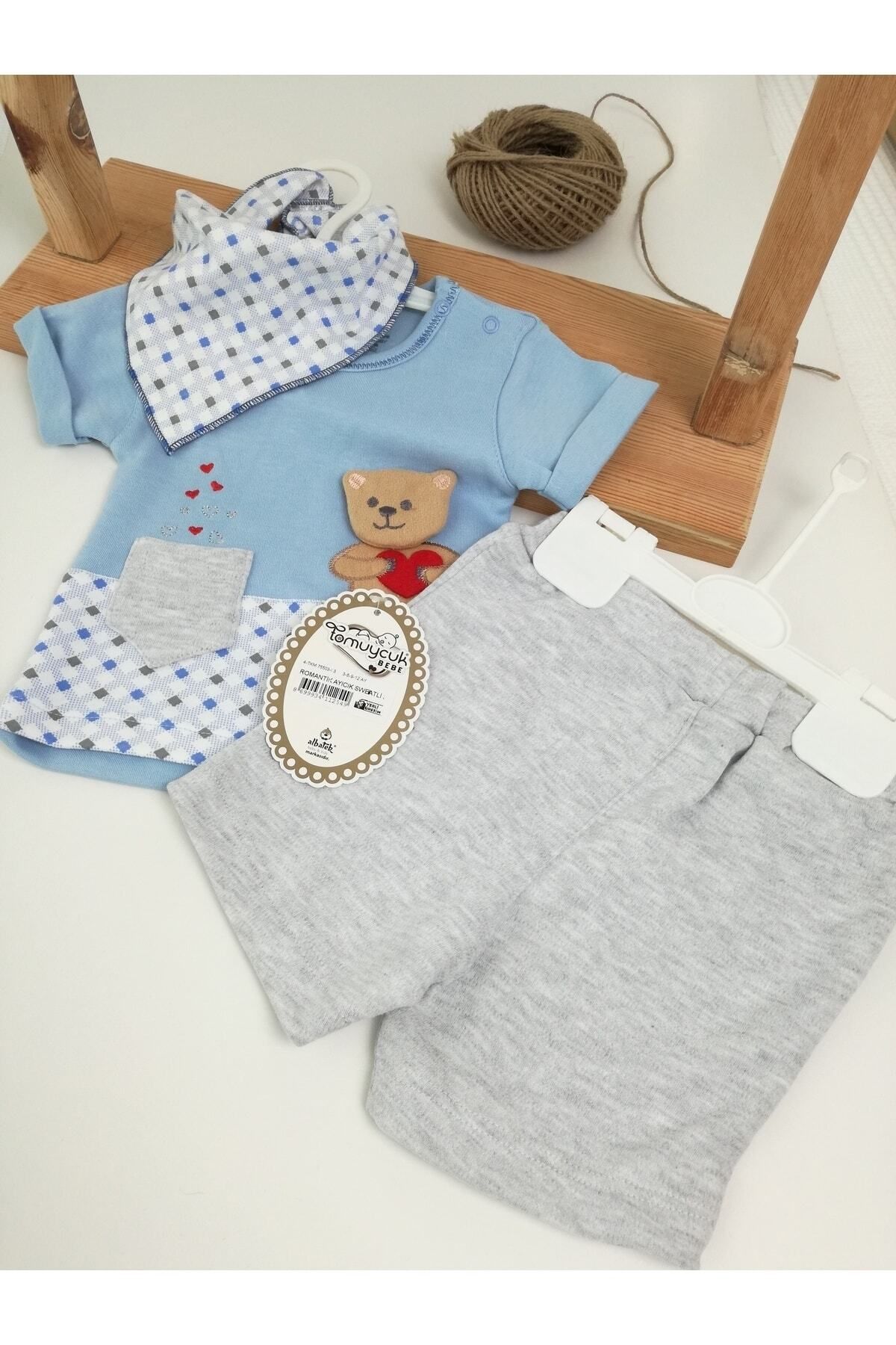 Tomuycuk 3lü Erkek Bebek Takım Mavi Ayıcık Kısakol Sweat 3-6-9-12 Ay Bebek Takımları Kıyafetleri Bebek Giyim