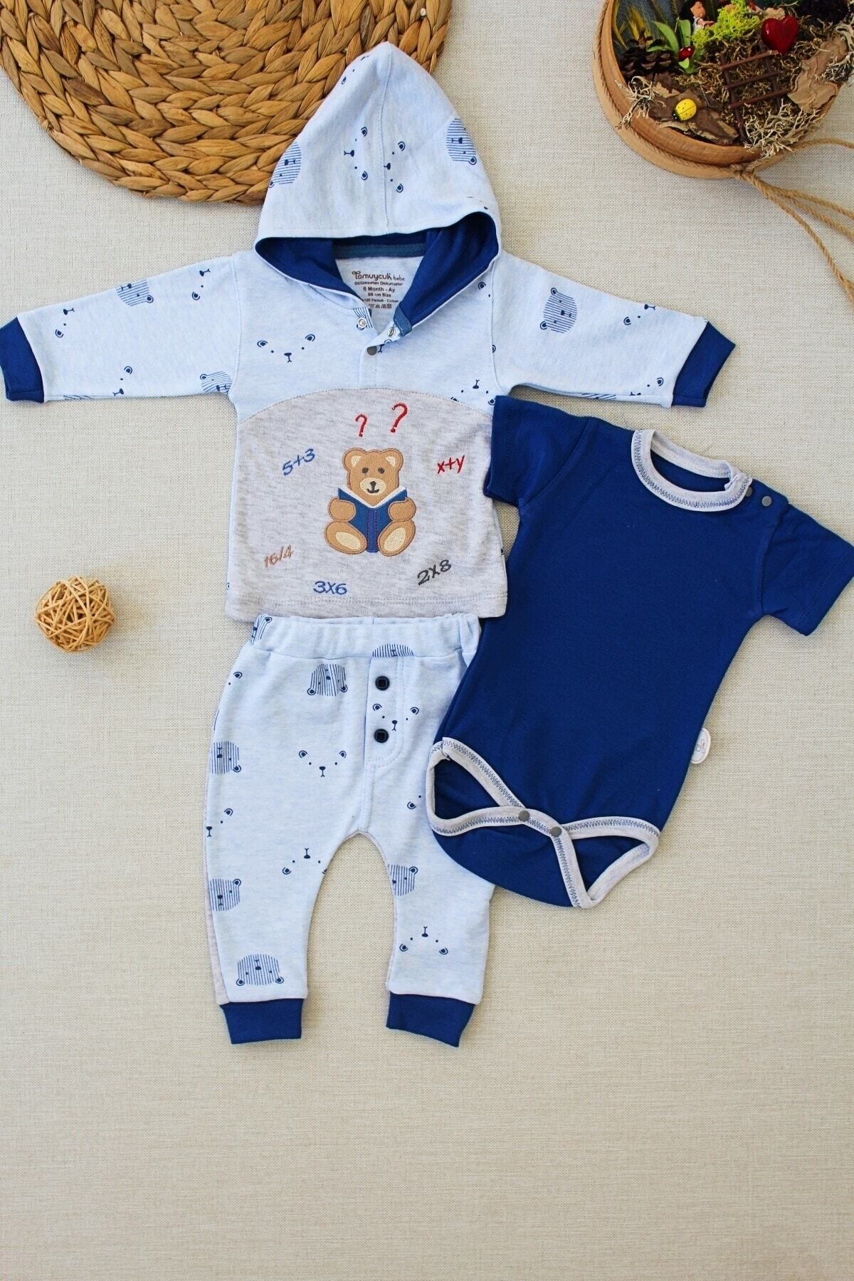 Tomuycuk Bebe Ayıcık Sweatli 3'lü Mavi Erkek Bebek Çocuk Takım Yenidoğan Bebek Takımları Kıyafetleri Bebek Giyim