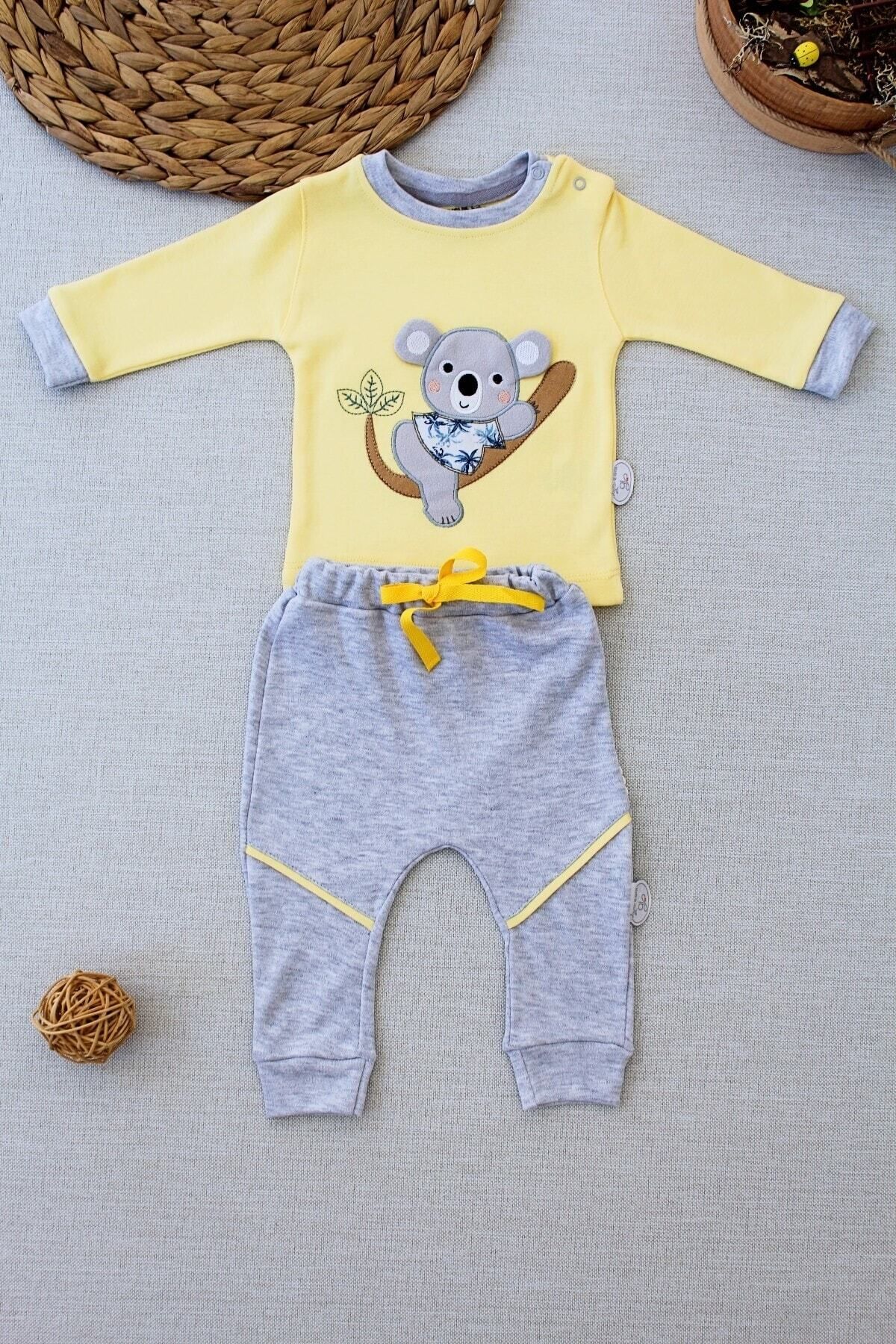 Tomuycuk Erkek Bebek Takım 2li Sarı 3-6-9-12 Ay Uzun Kol Bebek Takımları Kıyafetleri Bebek Giyim