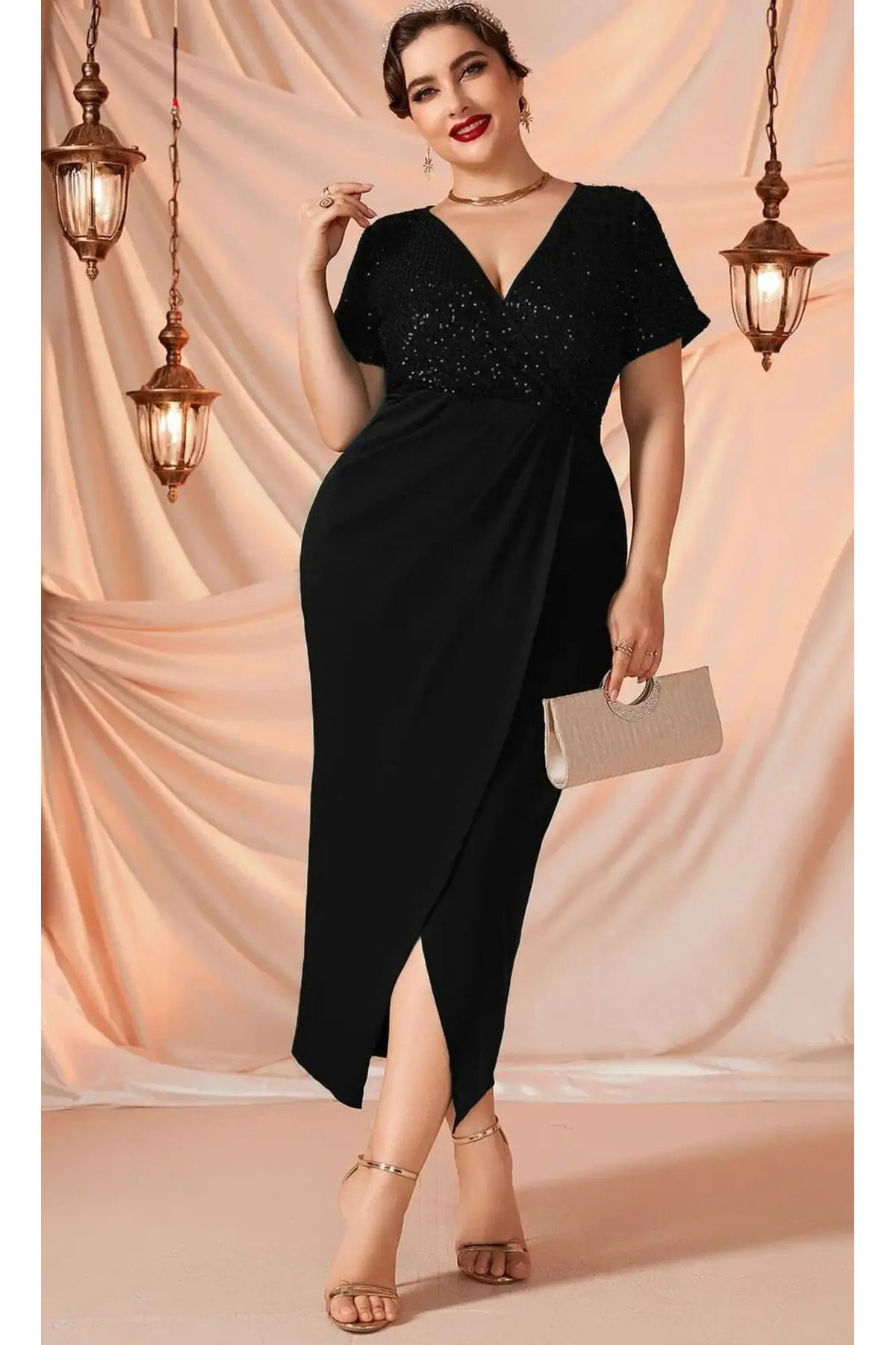 For esra Big Trend Kadın Kruvaze Yaka Üst Pul Payet Kısa Kol Ön Yırtmaç Sandy Esnek Abiye Elbise