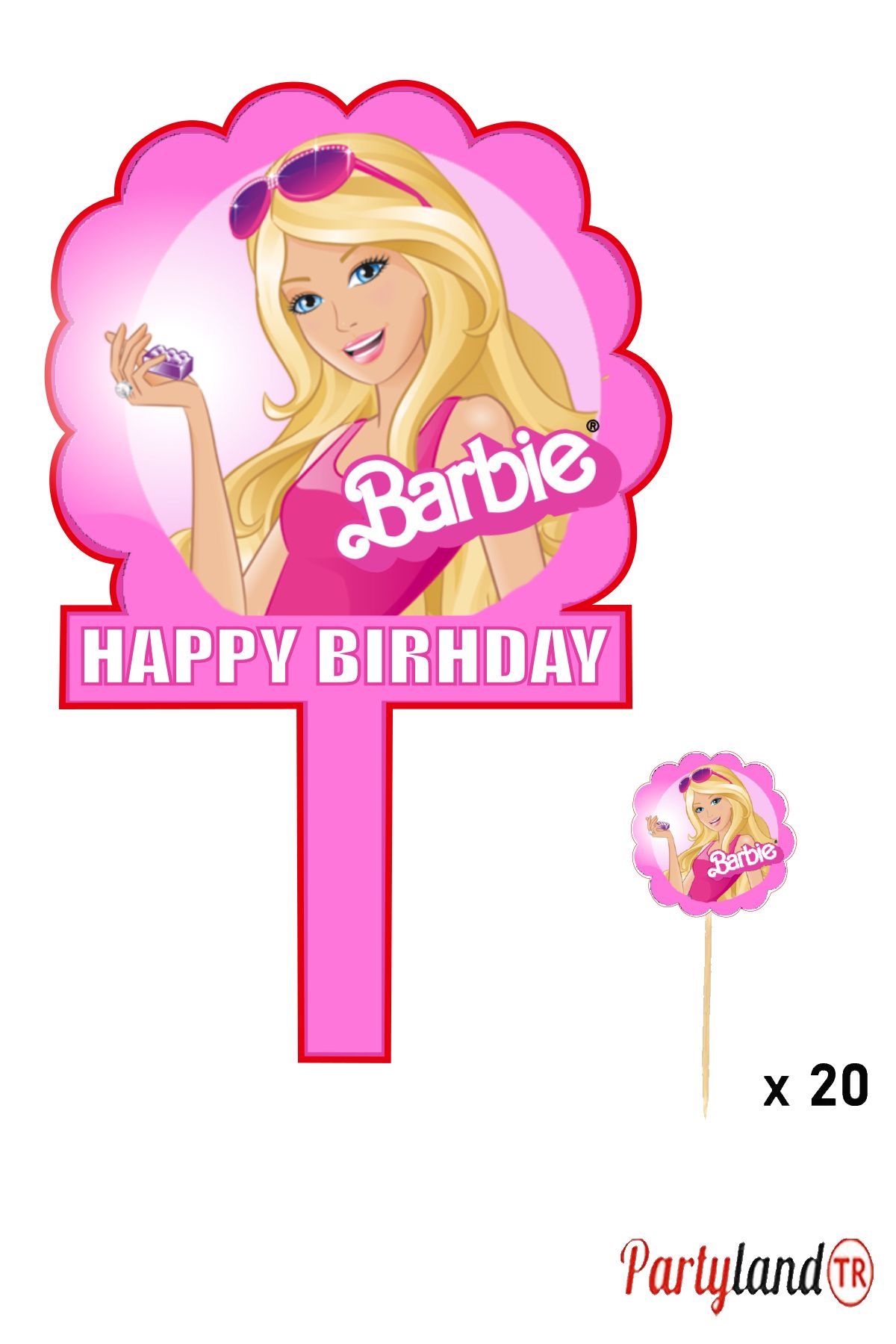 PartylandTR Barbie Temalı Karton Pasta Süsü Ve 20 Adet Lux Sunum Kürdanı