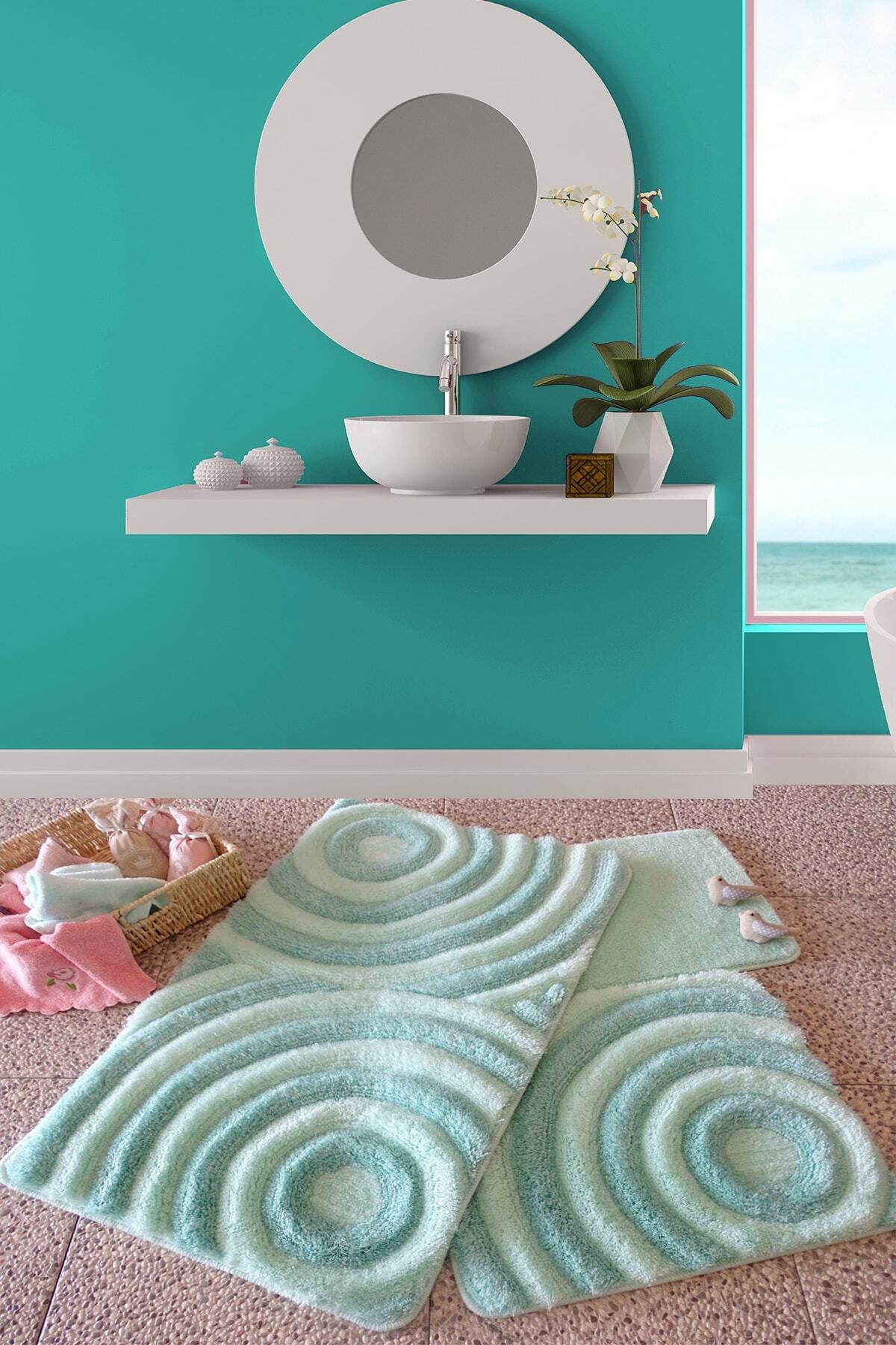 Chilai Home Wave Mint 3lü Set Banyo Halısı Yıkanabilir, Kaymaz Taban