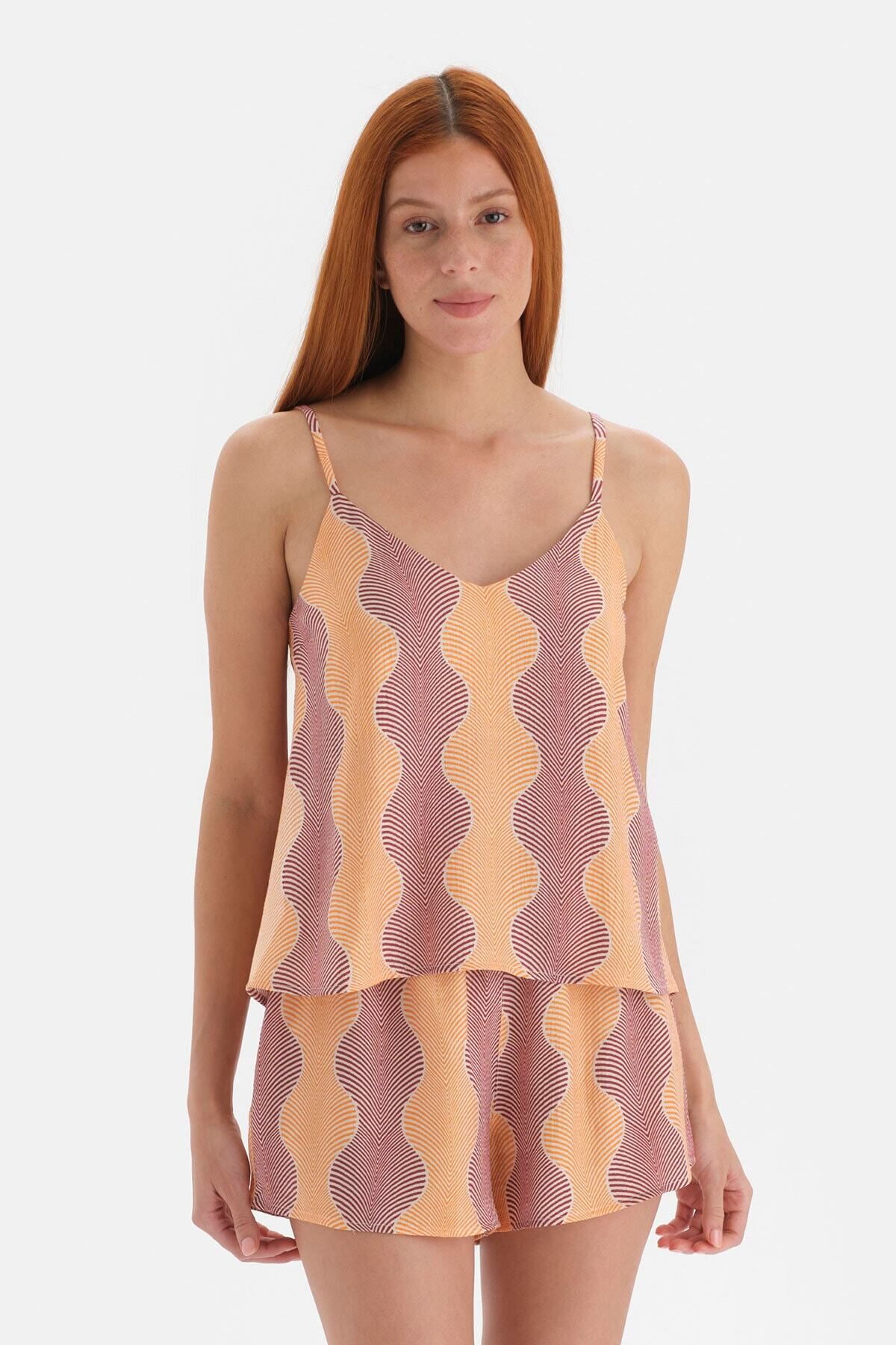 Dagi Sarı Simli Saten Atlet Pijama Üstü