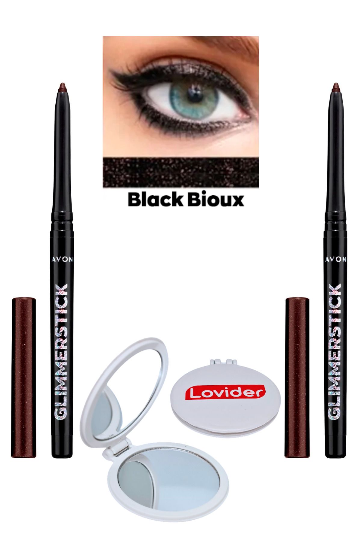 Avon Glimmerstick Asansörlü Göz Kalemi Pırıltılı - Black Bioux 2'li + Lovider Cep Aynası