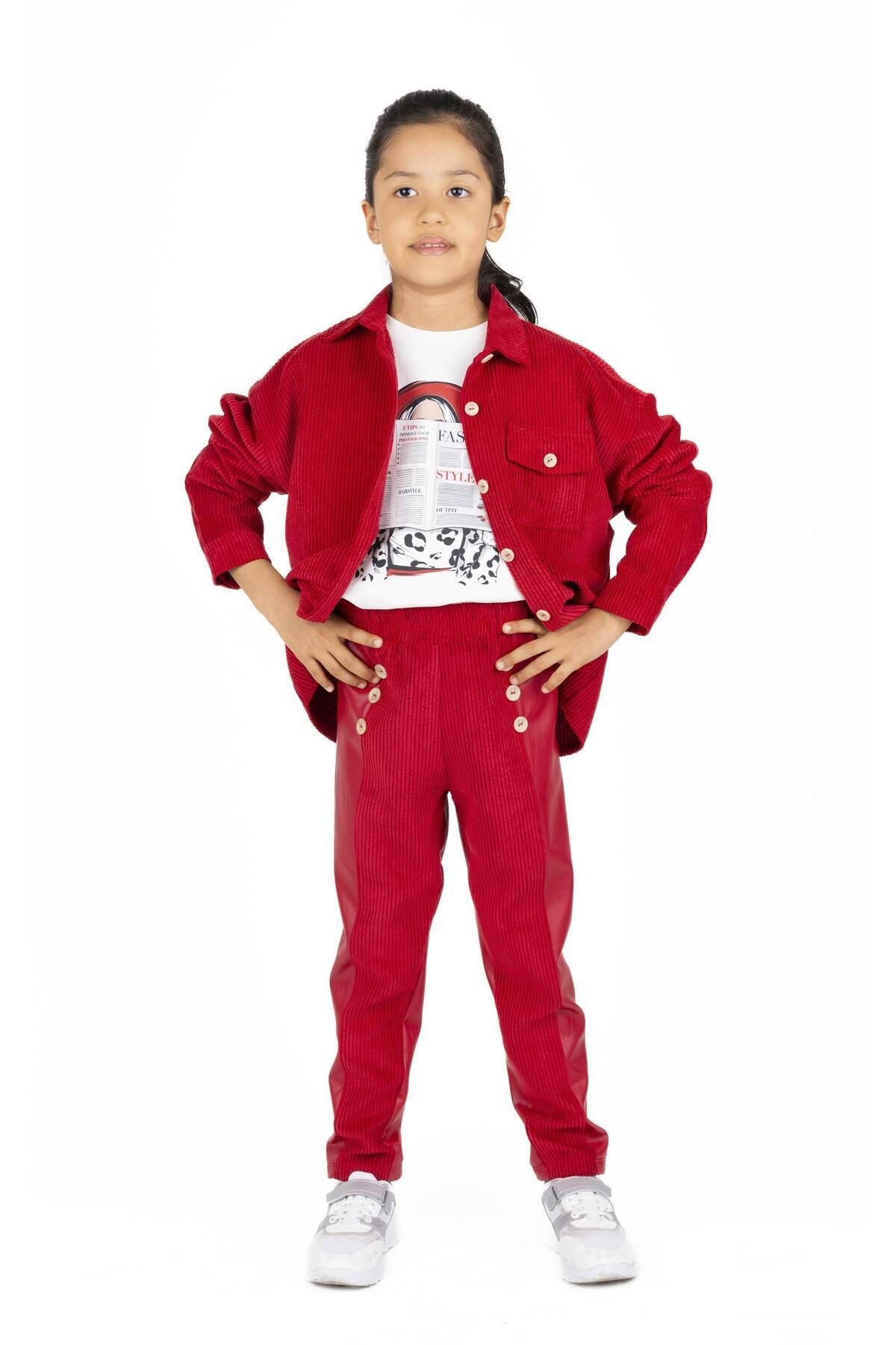 best kids Kız Çocuk Kırmızı Fitilli Kadife Gömlek