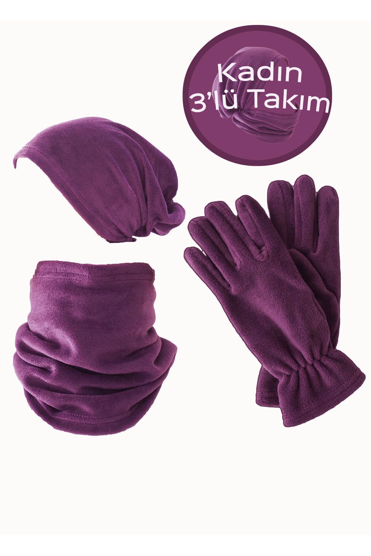 Mrey Kadın Mor Termal Kışlık Polar Parmakları Kapalı Eldiven İpli Bere Boyunluk Şapka Olabilen 3'lü Set