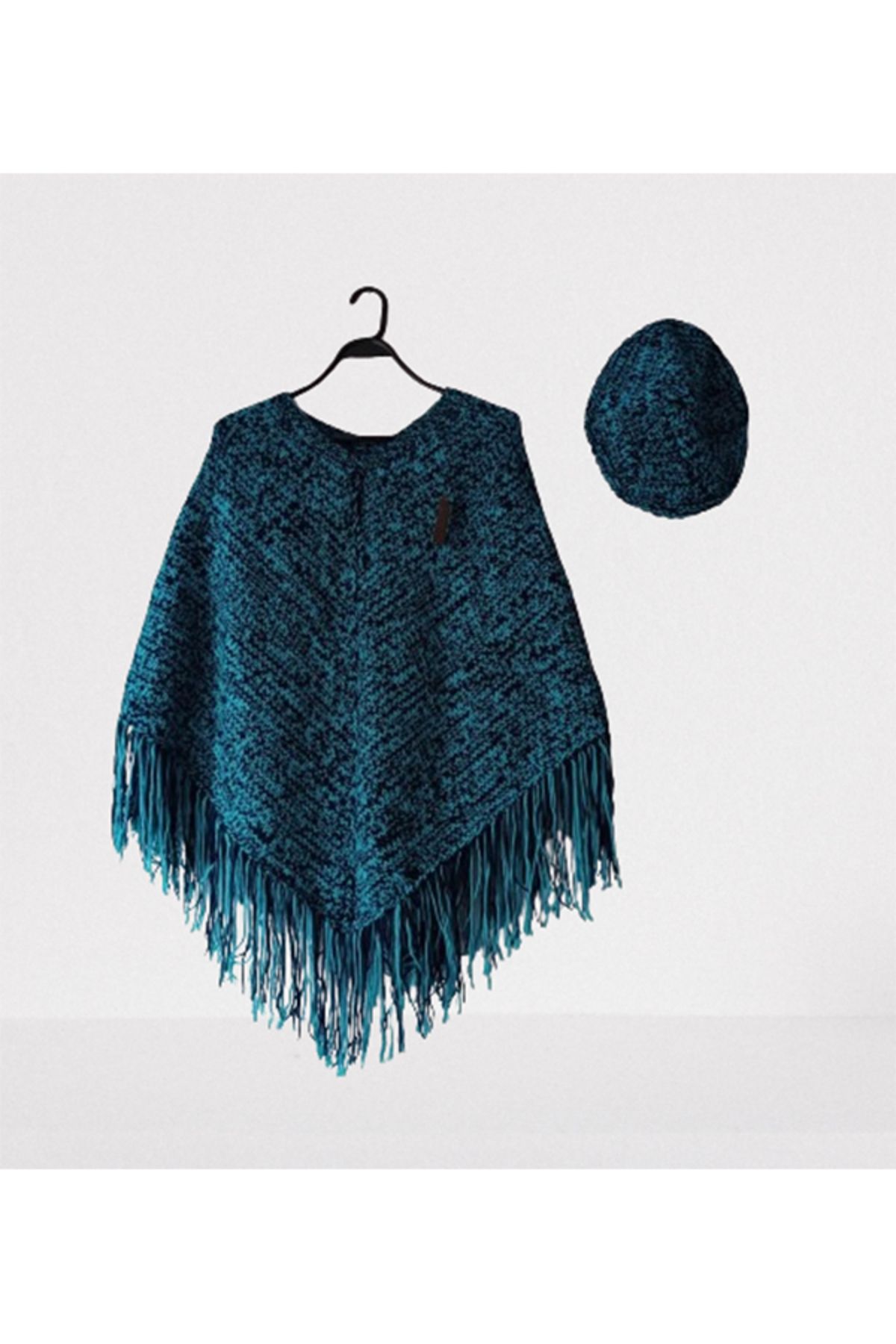 Namaste Vintage Mavi renk el örgüsü püsküllü panço ve şapka takım
