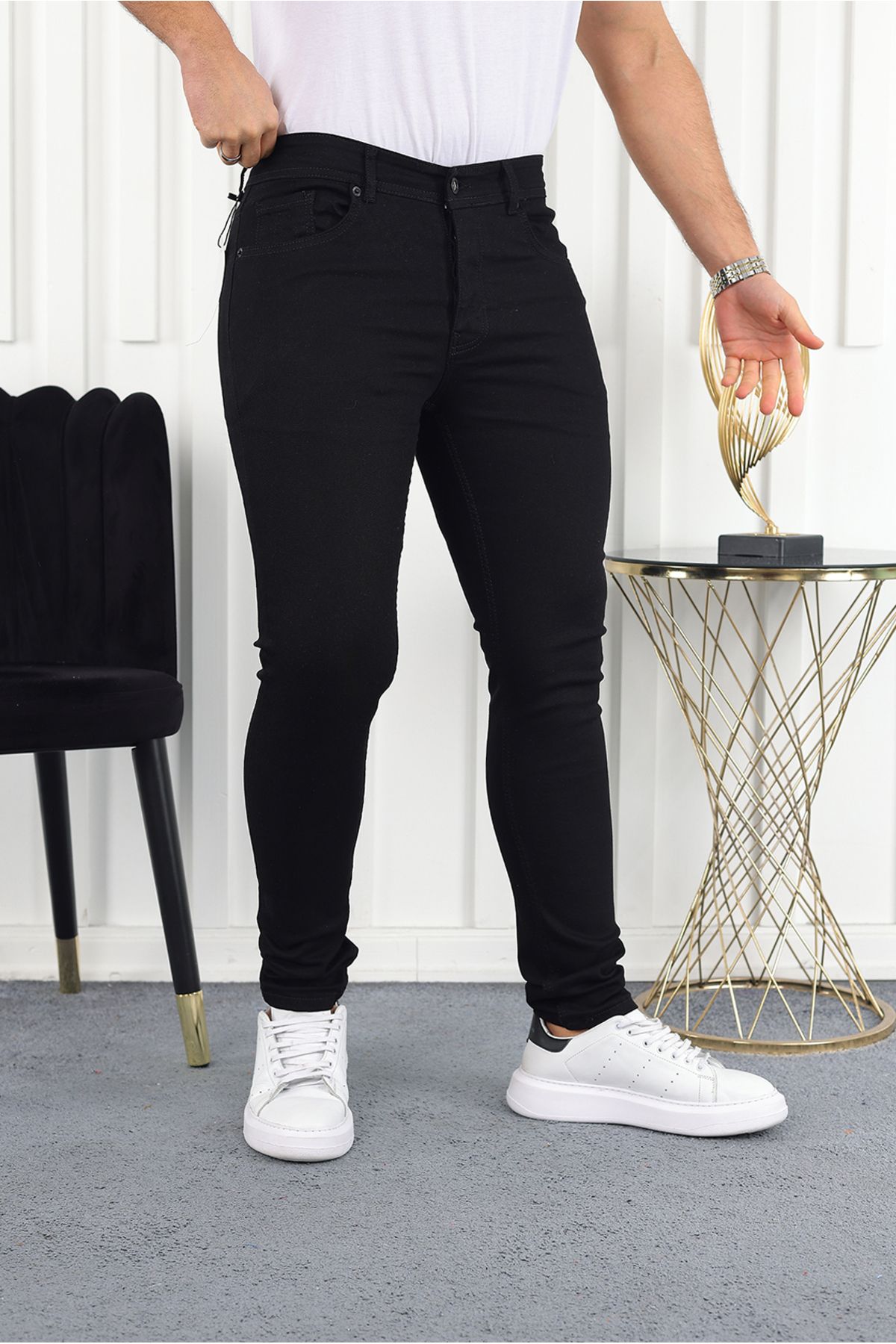 BYFUQQA Erkek Düz Siyah Reaktif Slimfit Jeans