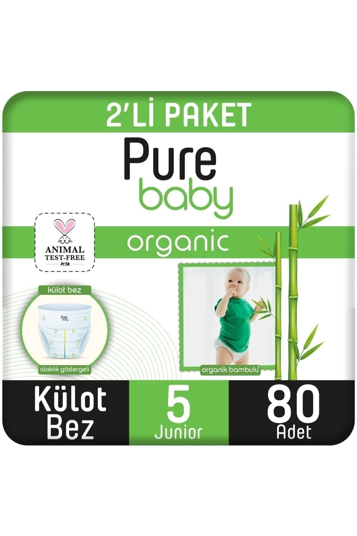 Pure Baby Organik Pamuklu Cırtlı Bez 2'li Paket 5 Numara Junior 80 Adet