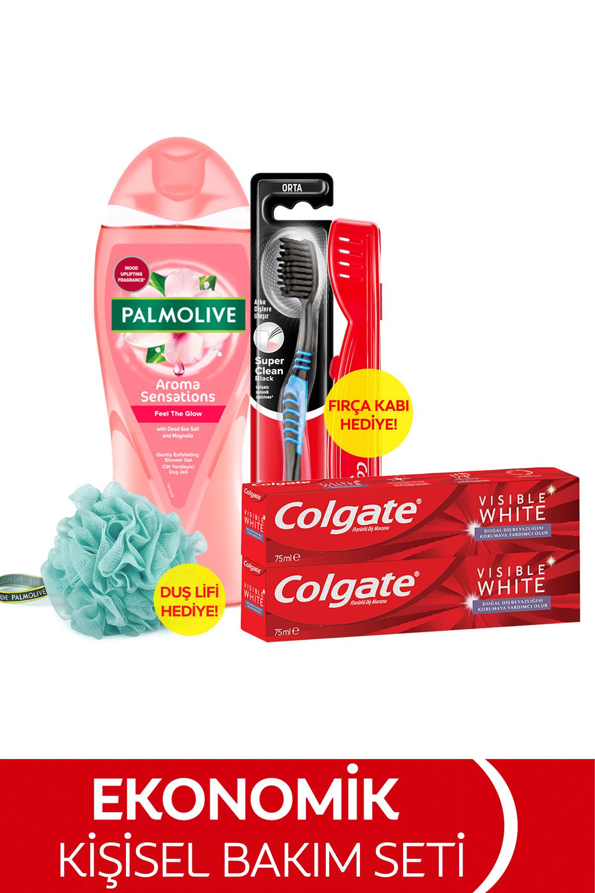 Colgate Diş Macunu 75 ml X2, Orta Diş Fırçası, Palmolive Duş Jeli 500 ml Duş Lifi & Fırça Kabı