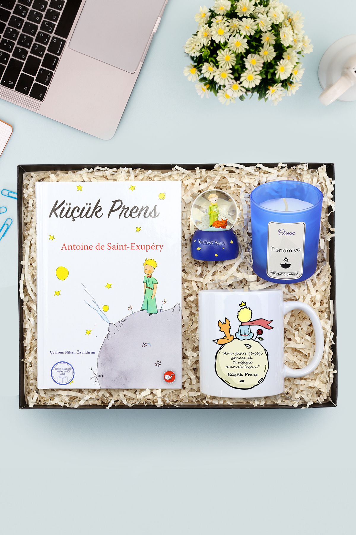 Trendmiya Küçük Prens Kitabı & Küçük Prens Kupa & Küçük Prens Kar Küre & Mavi Bardak Mum Hediye Seti