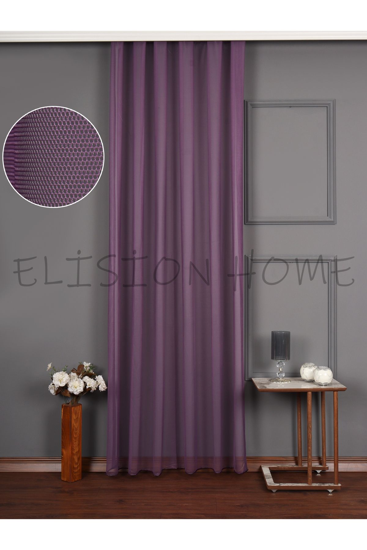 elision home Mor Rengi Grek Tül Fon Perde Ekstrafor Büzgülü (Bağcık Hediye)