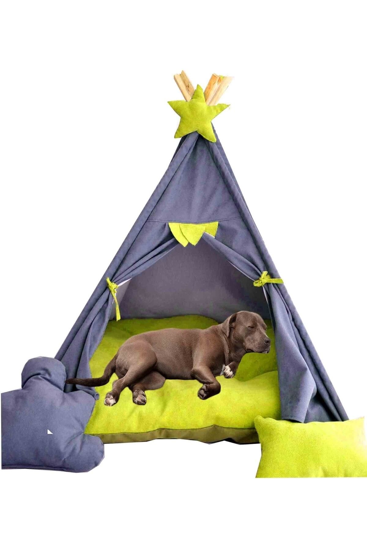 Mavi Vitrin Büyük Irk Köpek Evi Çadırı Yıkanabilir Yırtılmaz Kumaş Soft Minderli Yastık