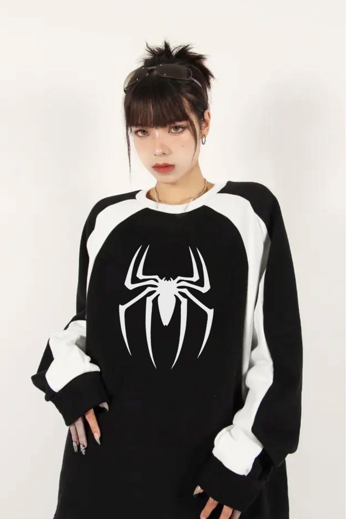 Ef Butik Siyah Y2k Streetwear Spiderman Baskılı Bisiklet Yaka Sweatshirt