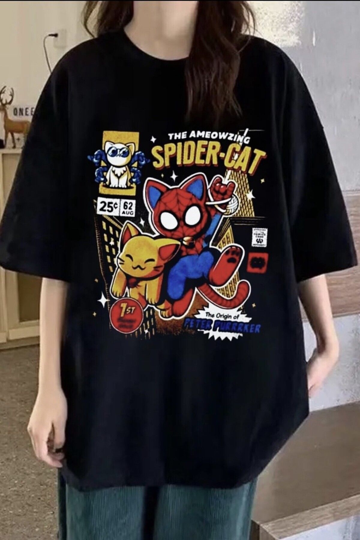 Ef Butik Siyah Unisex Spiderman Cat T-shirt