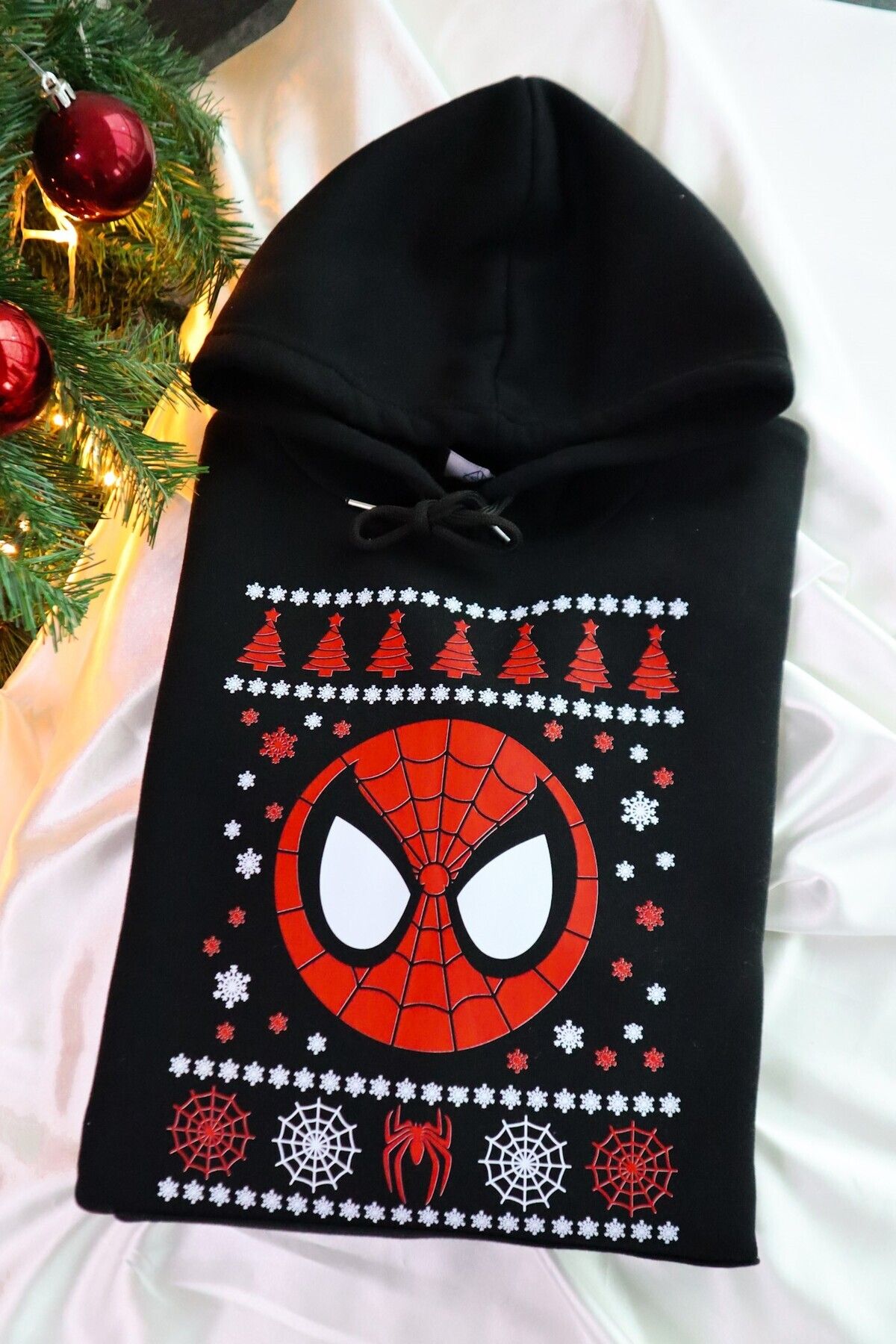 Ef Butik Siyah Kapüşonlu Spiderman Face Christmas Sweatshirt