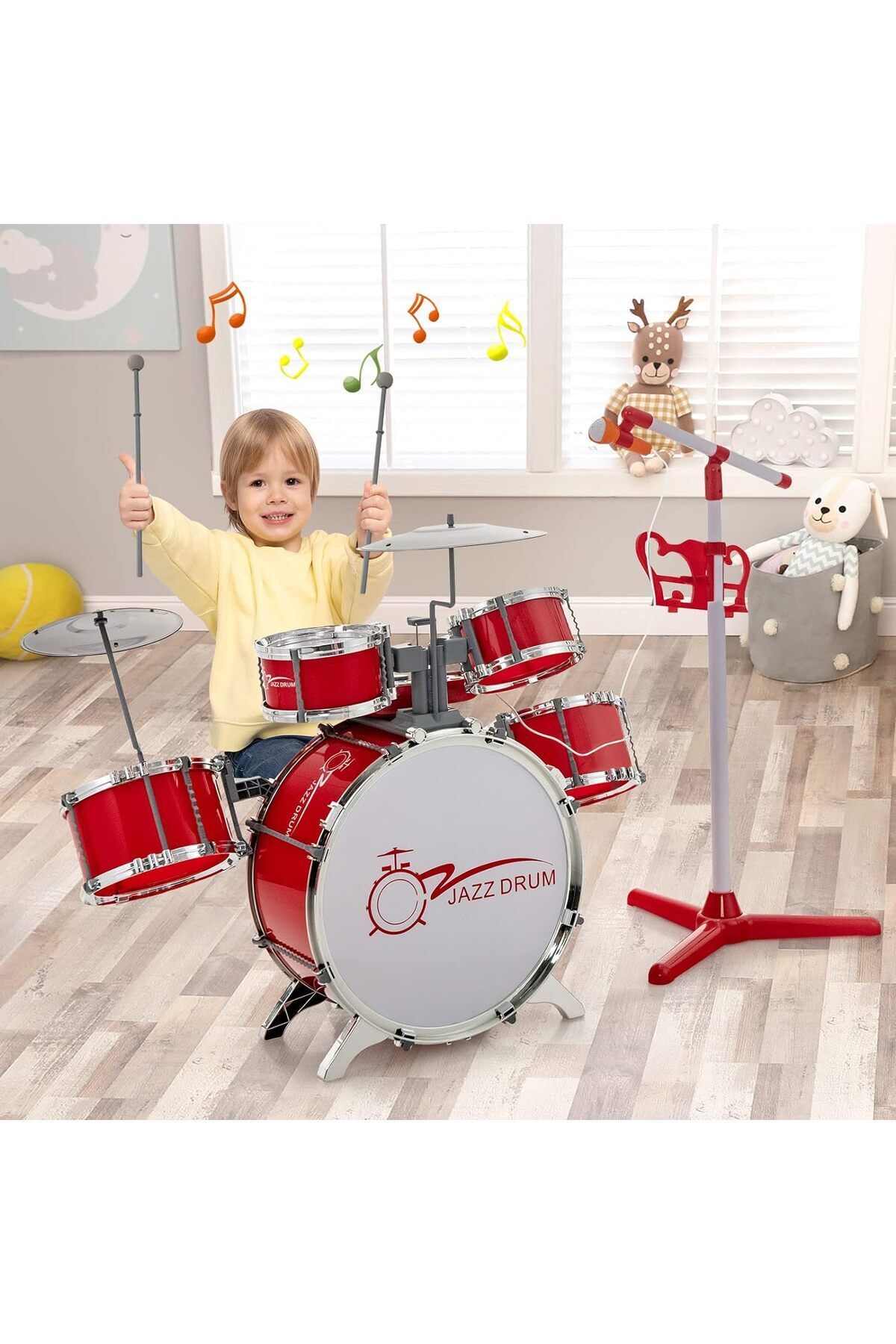 Cici Oyuncak Çocuk Mikrofonlu Pianolu Davul Bateri Seti Kırmızı Müzik Enstürmanları