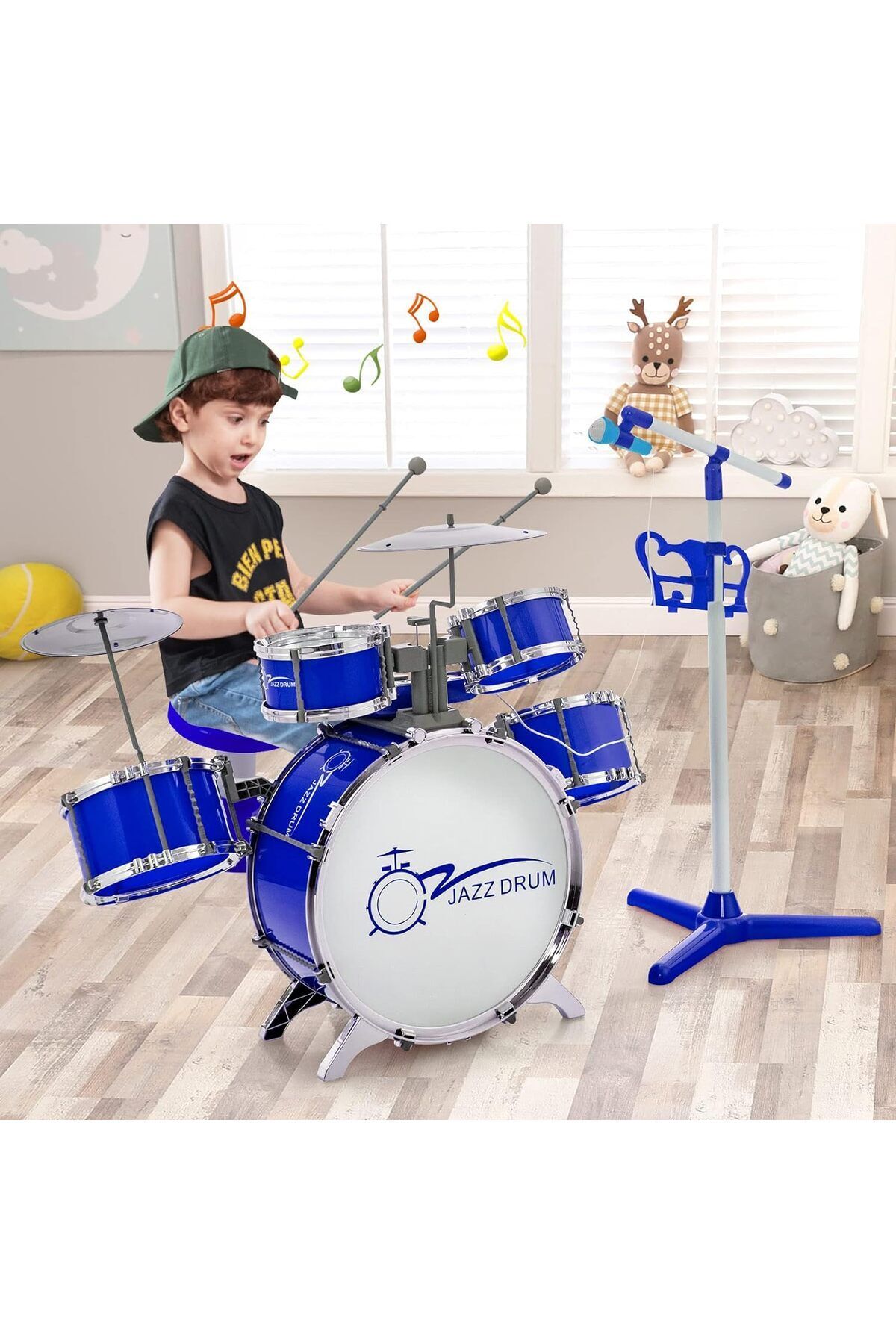 Cici Oyuncak Çocuk Mikrofonlu Pianolu Davul Bateri Seti Mavi Müzik Enstürmanları