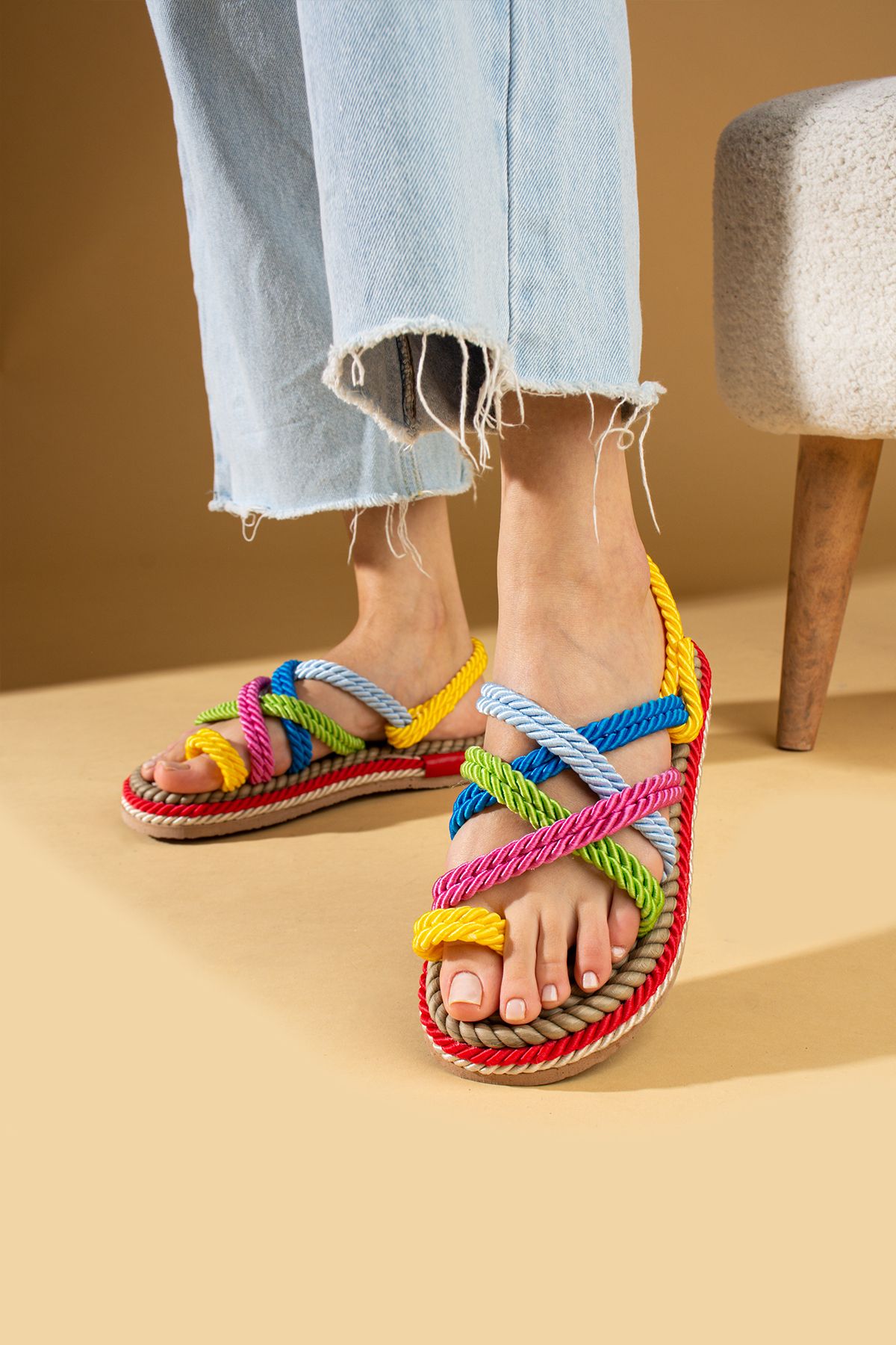 Pembe Potin Kadın Multi Çok Renkli Hasır Rahat Taban Günlük Halat İpli Sandalet