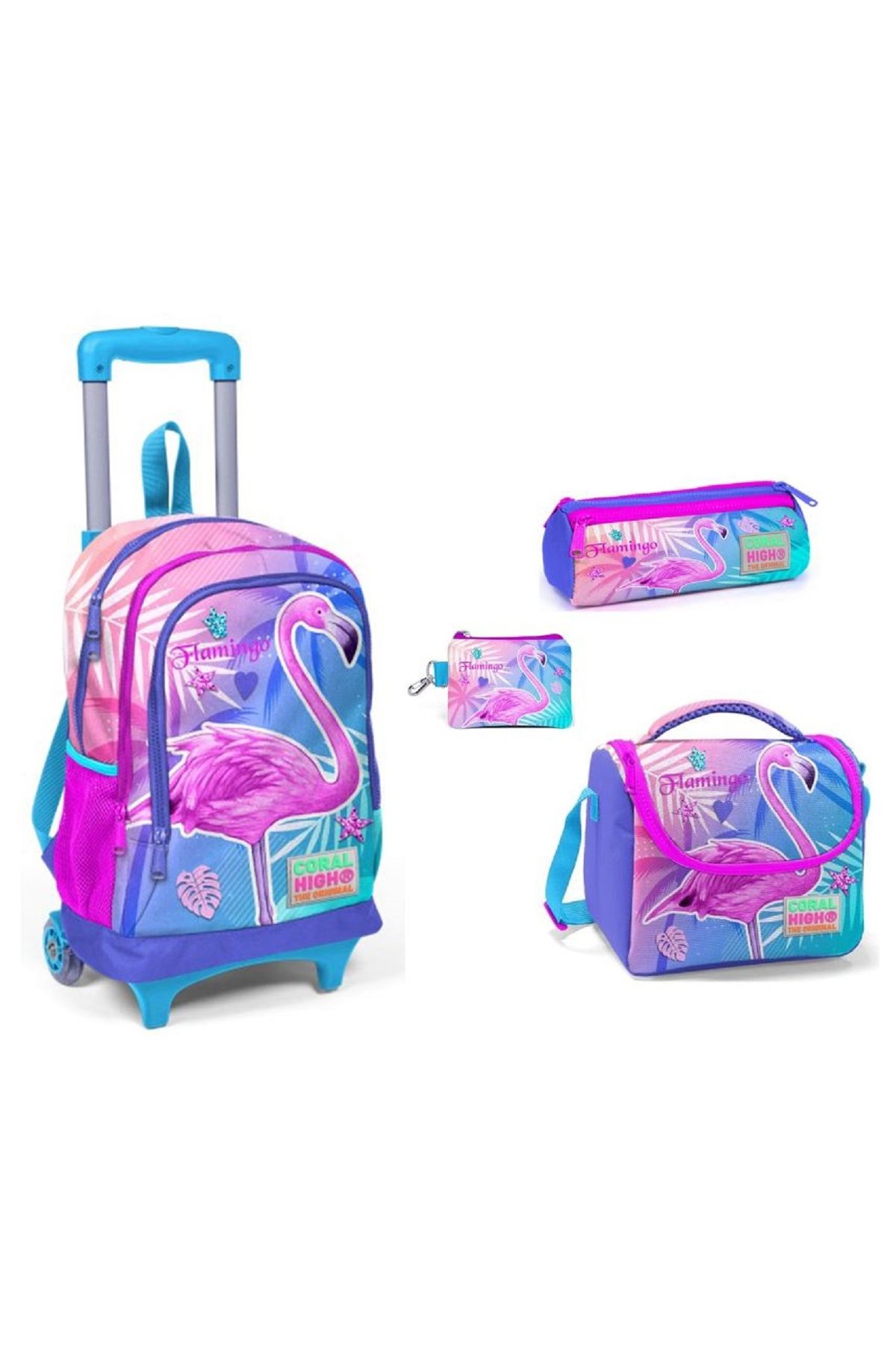 Coral High Tek flamingo Işıklı tekerlekli Çekçek çantalı kız çocuk ilkokul çanta seti- 4 PARÇALI SET