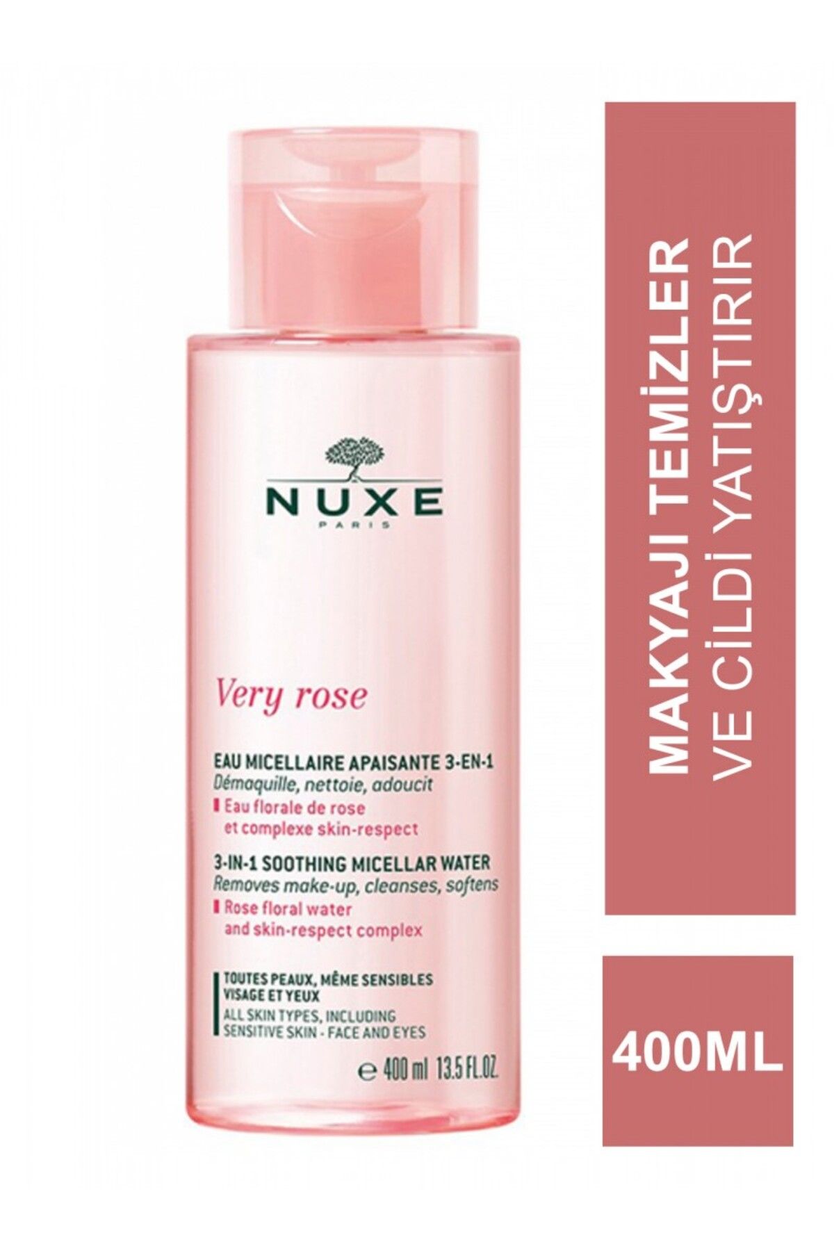 Nuxe Very Rose - 3' ü 1 Arada Nemlendirici Yüz,Göz,Dudak İçin Misel Temizleme Suyu 400 ml Tüm Ciltler