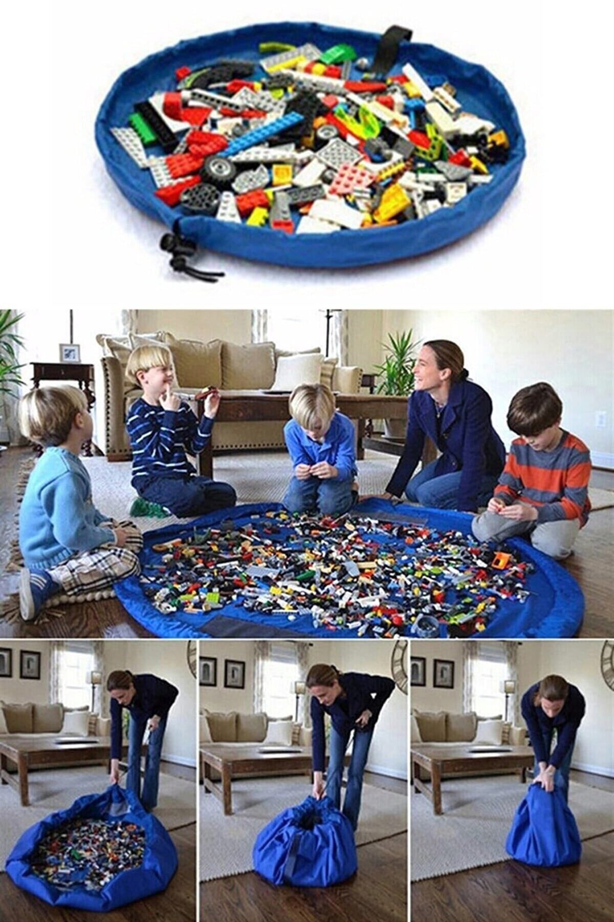 Bundeba Çocuk Oyuncak Hurcu Mavi Çanta Oyun Halısı Lego Puzzle Ve Yapboz Eğitici Oyuncaklar Sepeti Lüks