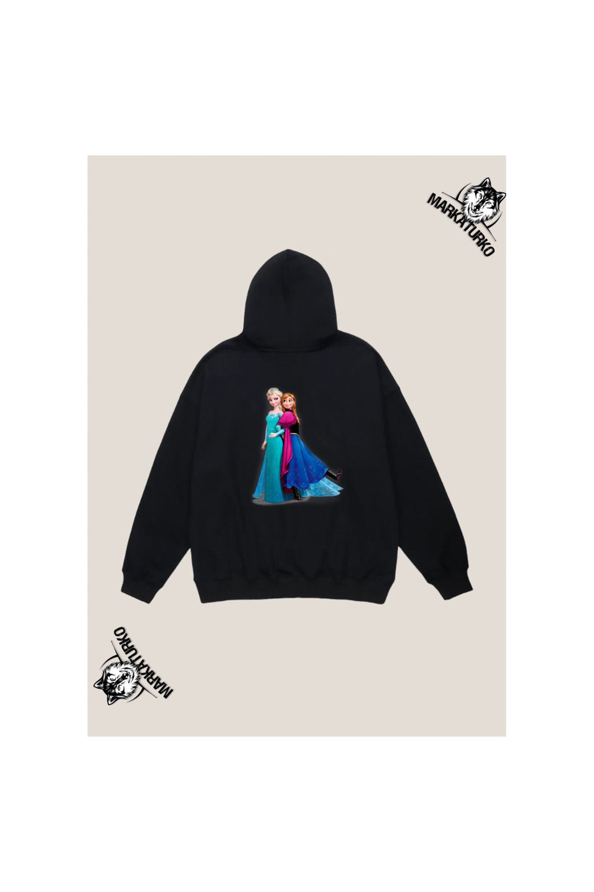 MarkaTurko Frozen Özel Tasarım Sırt Baskılı Siyah Kapşonlu Unisex Sweatshirt 2404-1