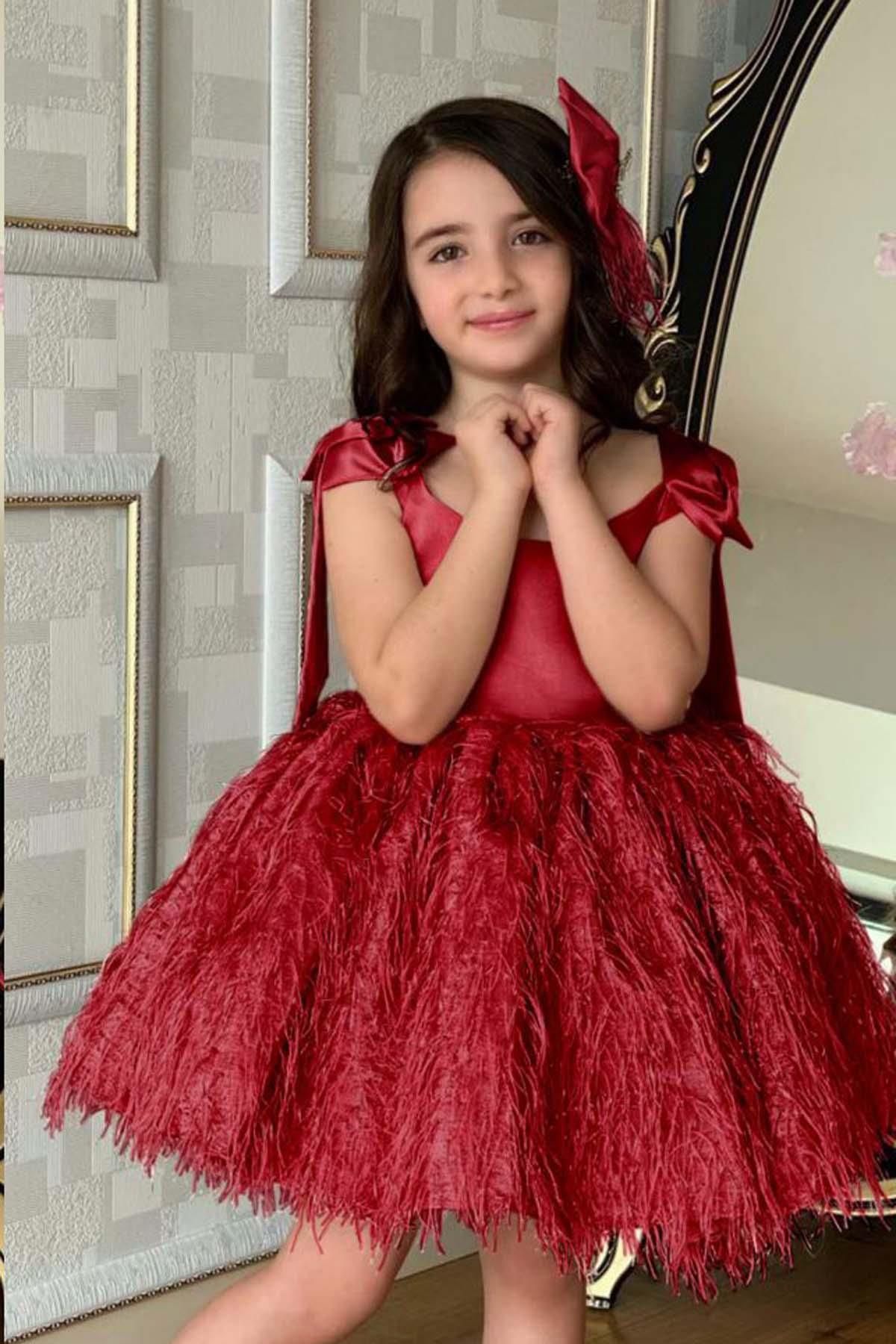 Riccotarz Kız Çocuk Omzu Fiyonk Detaylı Eteği Kırçıllı Kırmızı Elbise