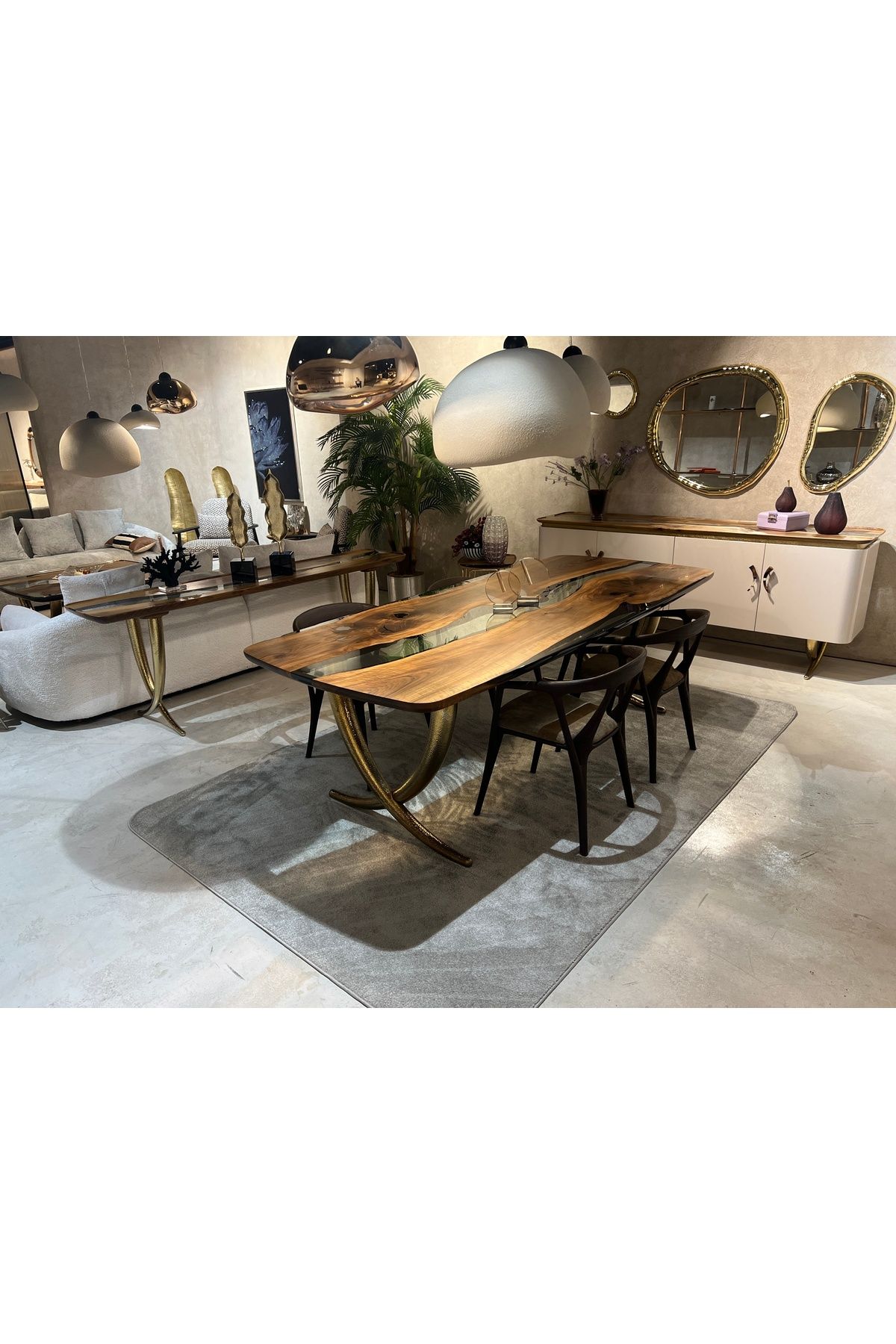 gizzwood 90x180cm Epoxy Resin Walnut Dining Table With Ivory Gold Legs