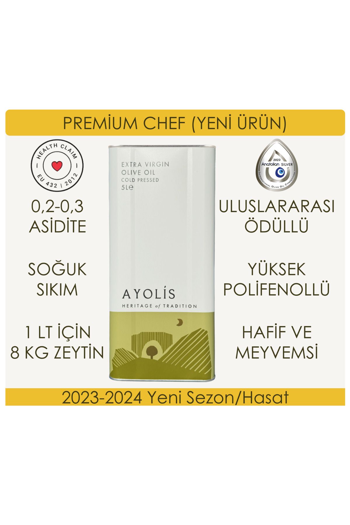 Ayolis Premium Chef 5 Lt Soğuk Sıkım Natürel Sızma Zeytinyağı