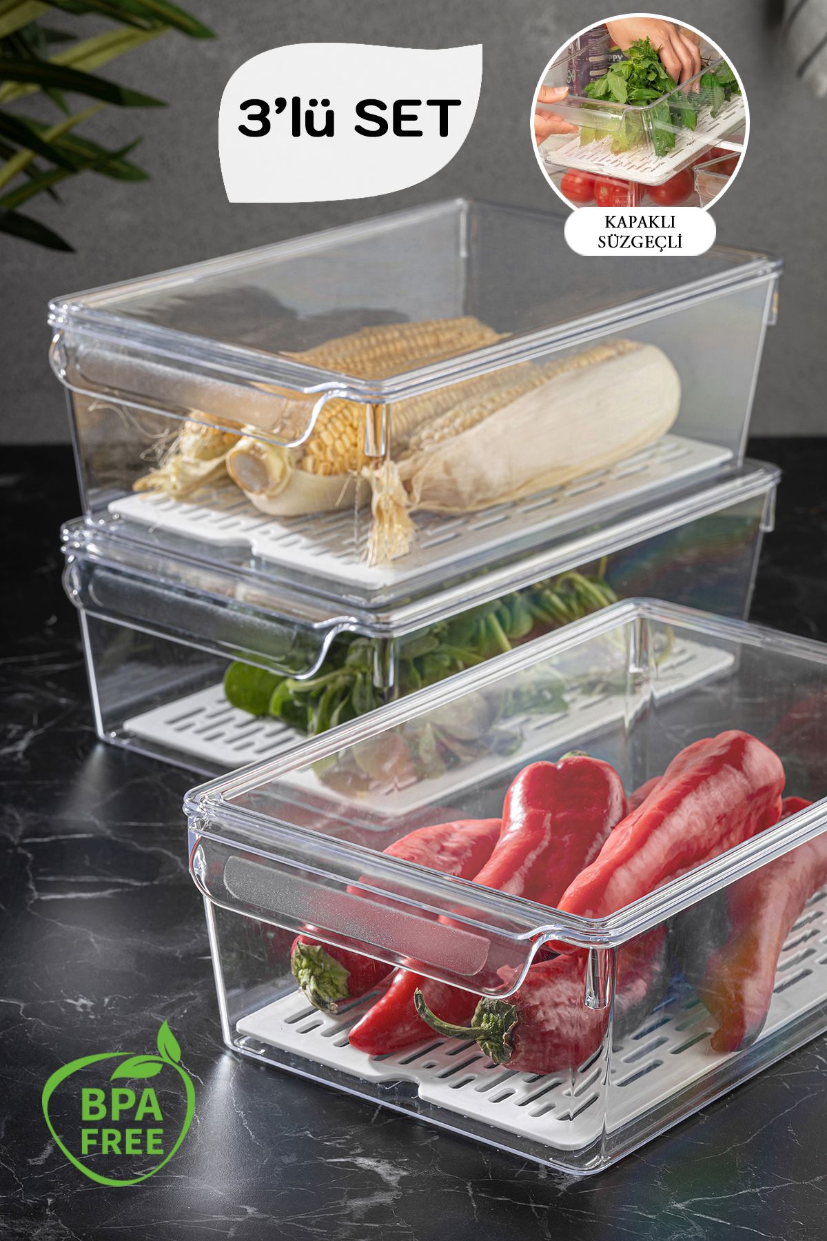Meleni Home 3'lü Süzgeçli Buzdolabı İçi Düzenleyici - Kapaklı Mutfak Dolap Organizeri - Sebze Meyve Saklama Kabı