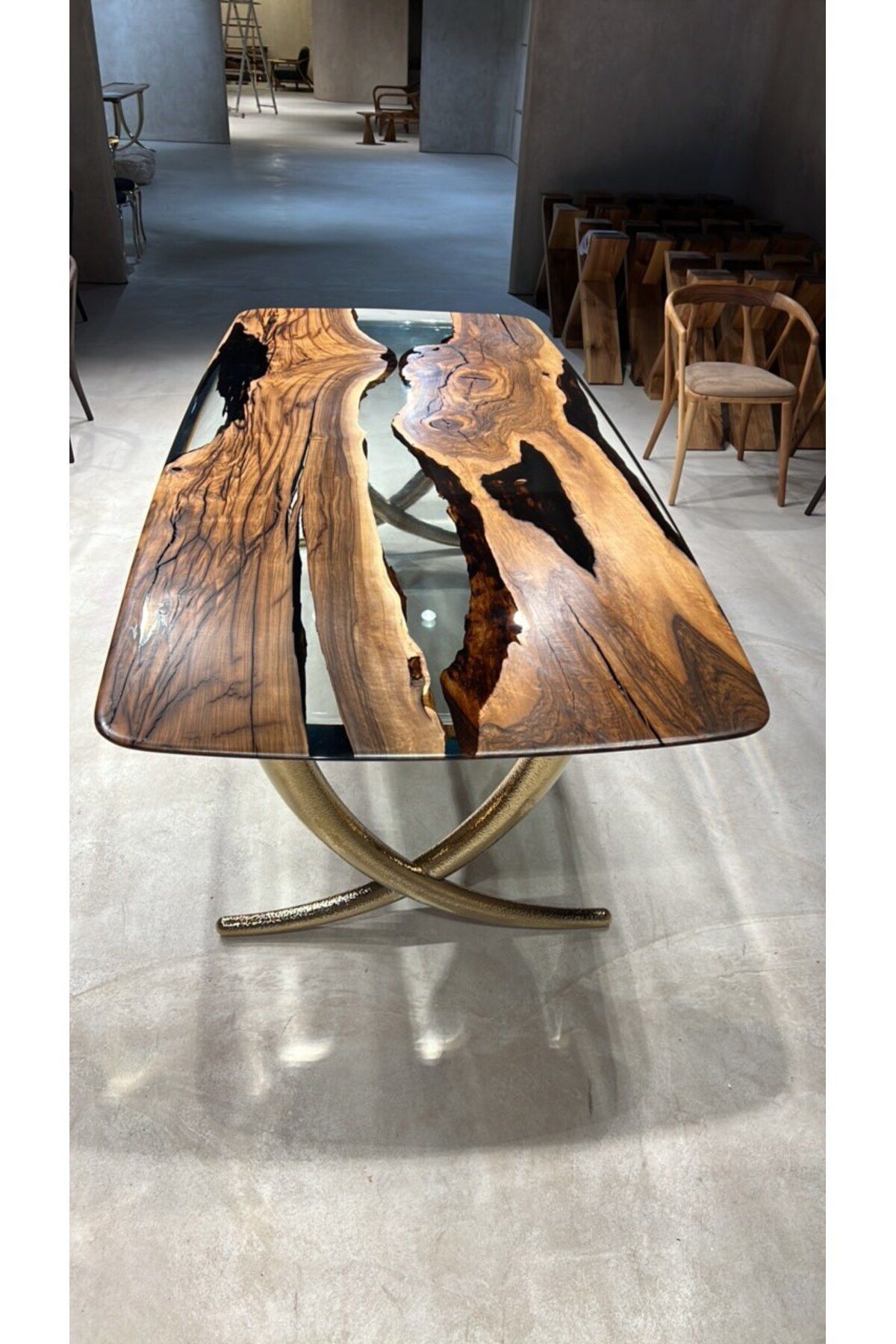 gizzwood 100x200cm Epoxy Resin Walnut Dining Table With Ivory Gold Legs