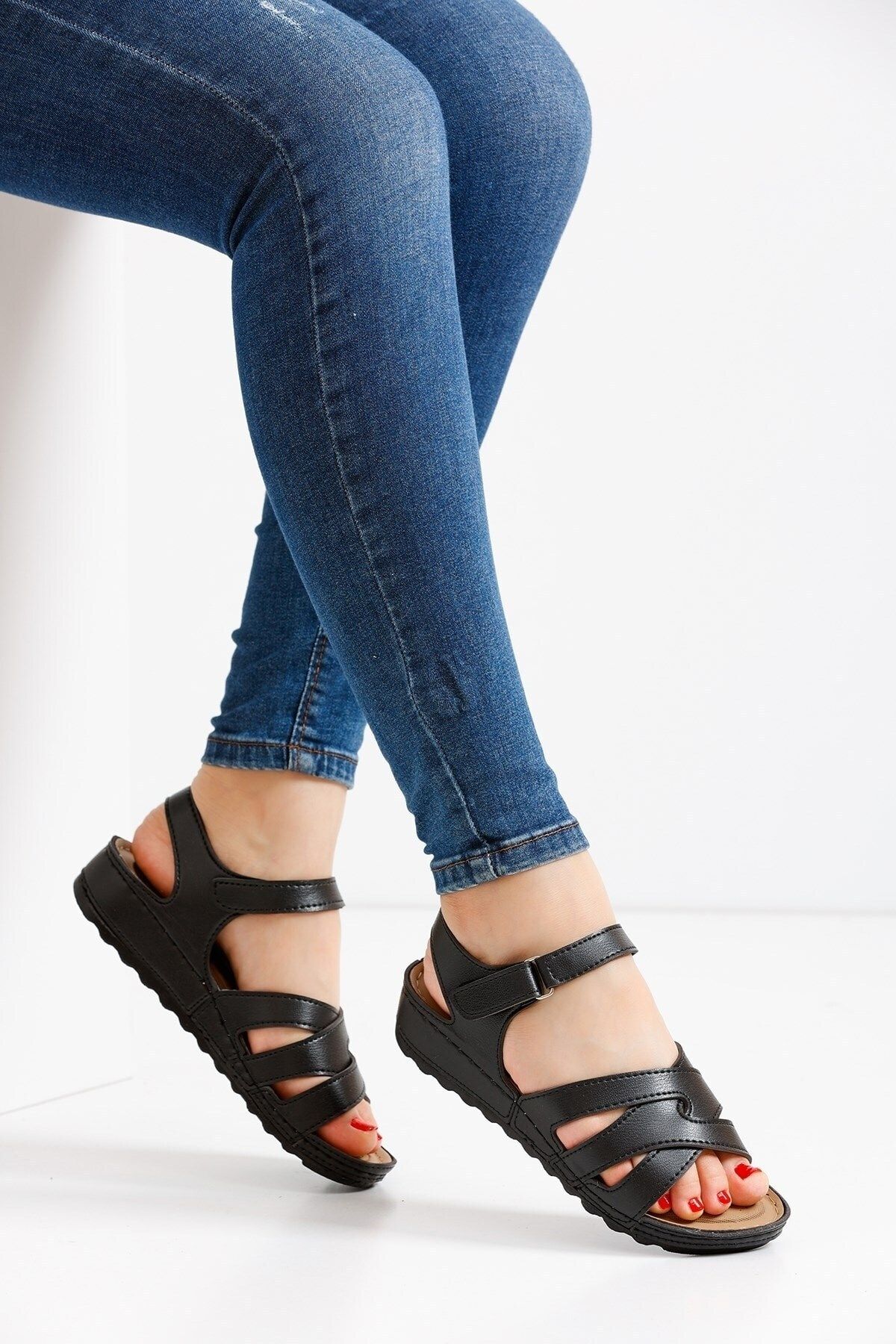 CekModa Anne Cırt Cırtlı Ortapedik ultra Hafif soft taban Yazlık Üç Şeritli Sandalet - siyah