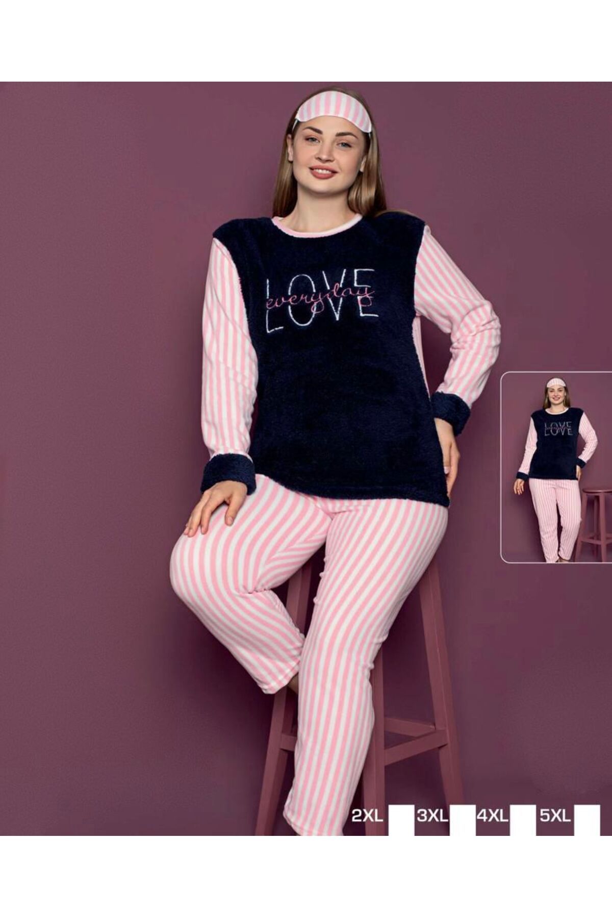 Stil Moda Kadın Kışlık Büyük Beden Lacivert Pembe Çizgili Polarlı Pijama Takımı