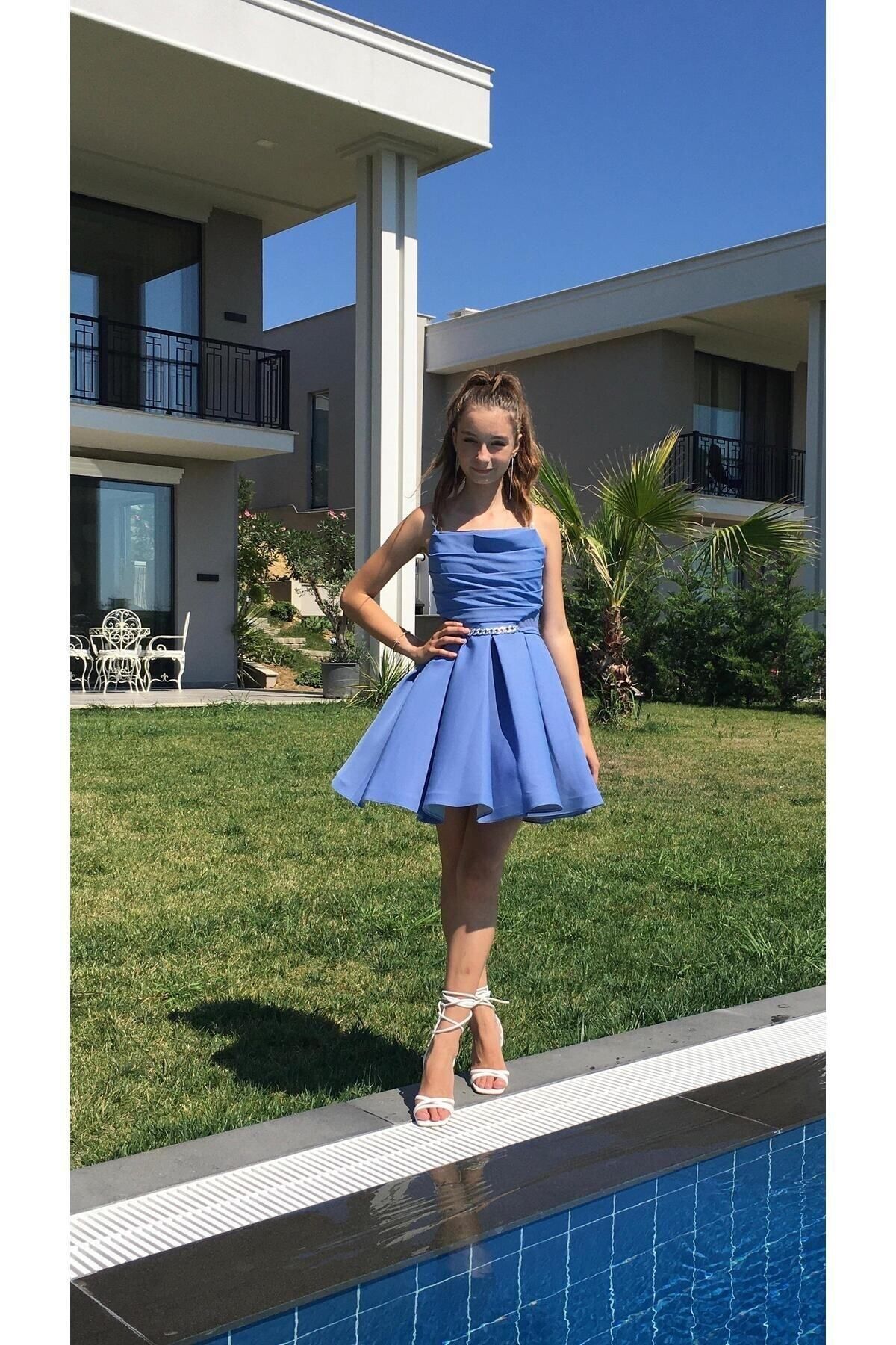 Erkut Kız Çocuk Krep Kumaş Mavi Renk Kısa Abiye Elbise