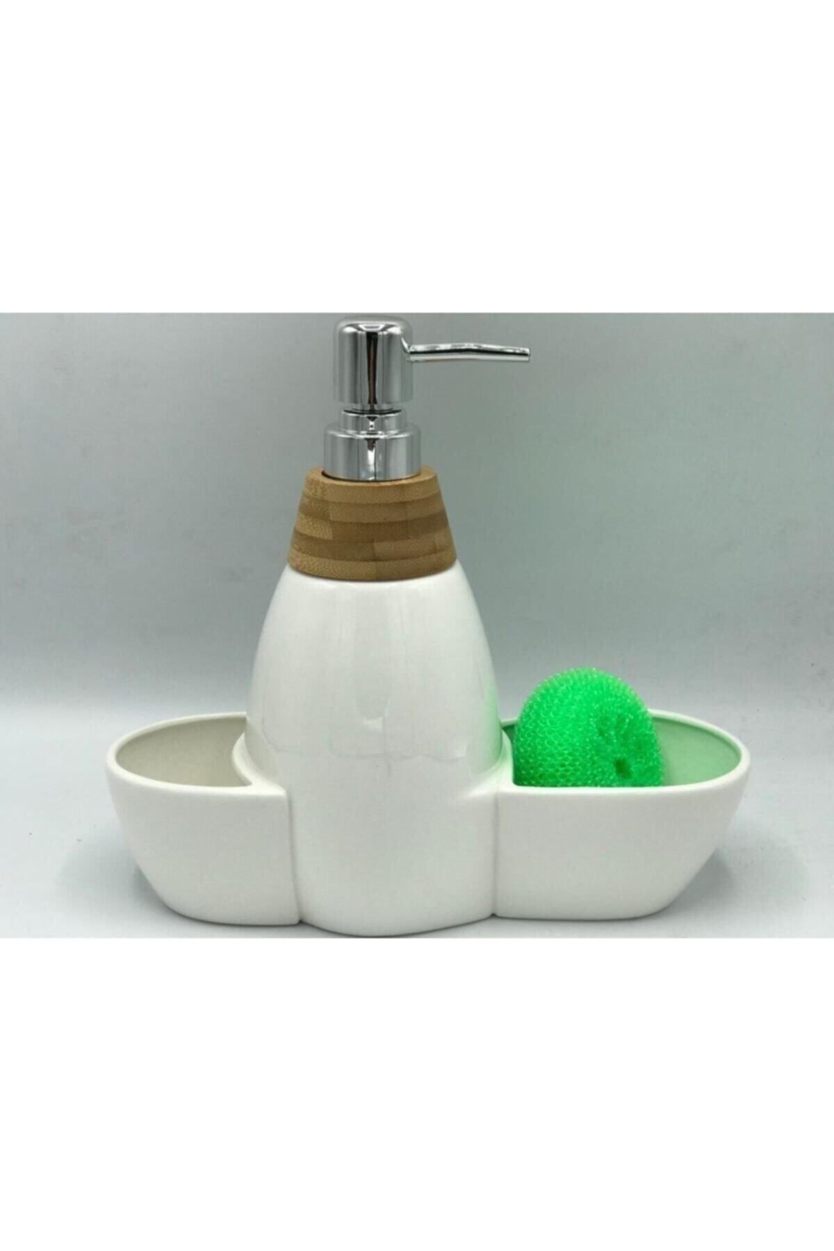 AROW Tr-252 Vilma Porselen Beyaz Mutfak Tezgahı Üstü Bambu Sıvı Sabunluk Seti