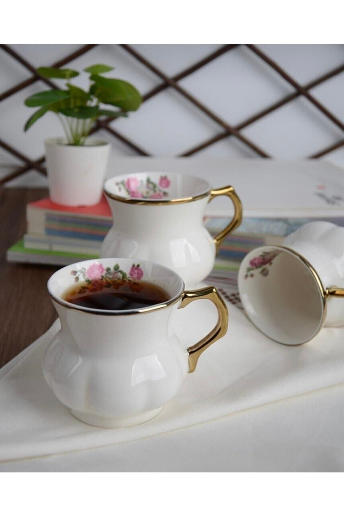 Sensoria Porselen Tekli Lüks Gold Yaldızlı Çay Ve Kahve Fincanı Kupa Bardak Ayran Bardağı Çiçek Desenli