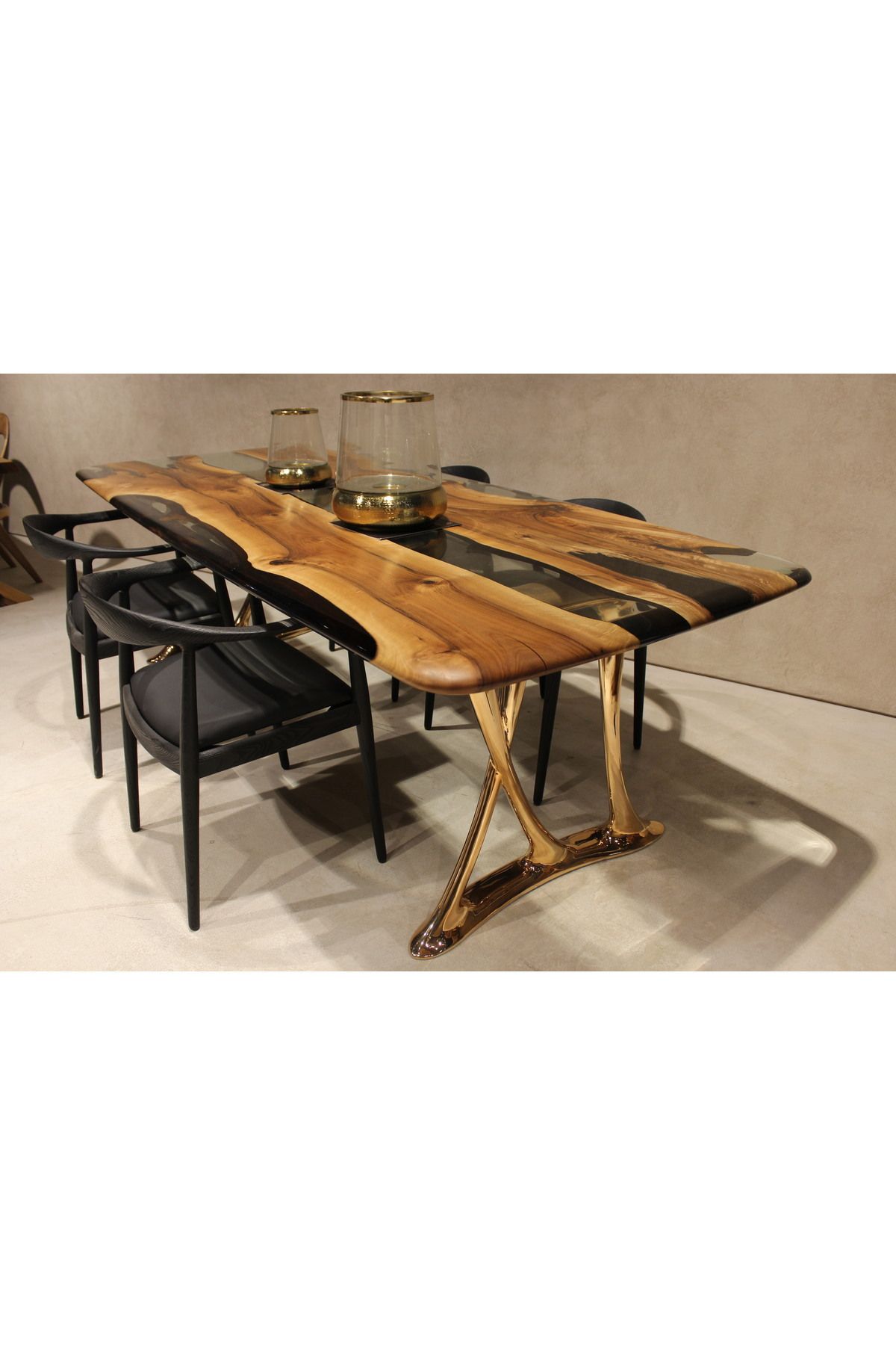 gizzwood 110x270cm Epoxy Resin Walnut Dining Table With RosegoldLegs