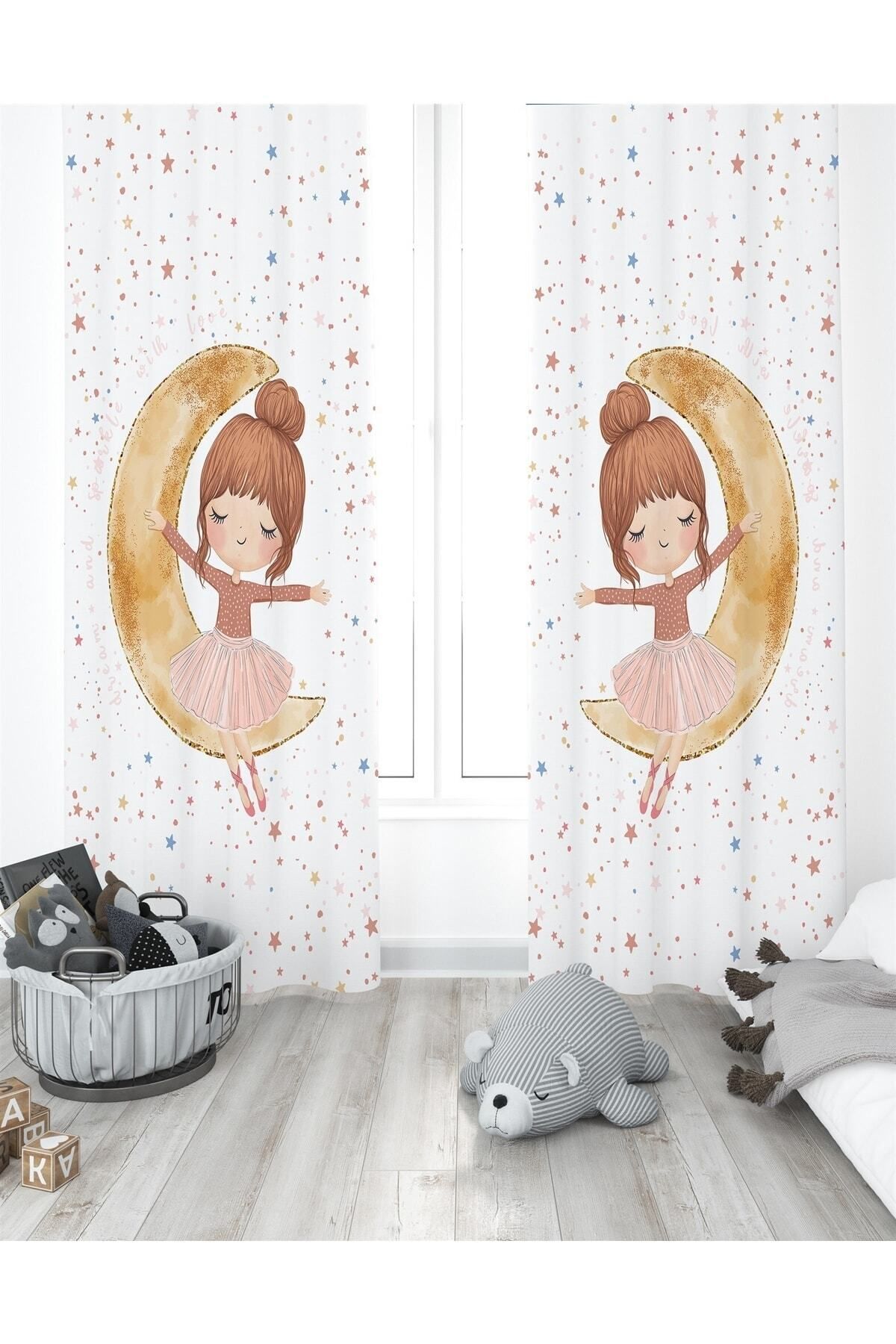 ERİZA Kids Çocuk&Bebek Odası Perde Yıldızlı Aydaki Prenses Desenli Çocuk Odası PerdesiBeyaz