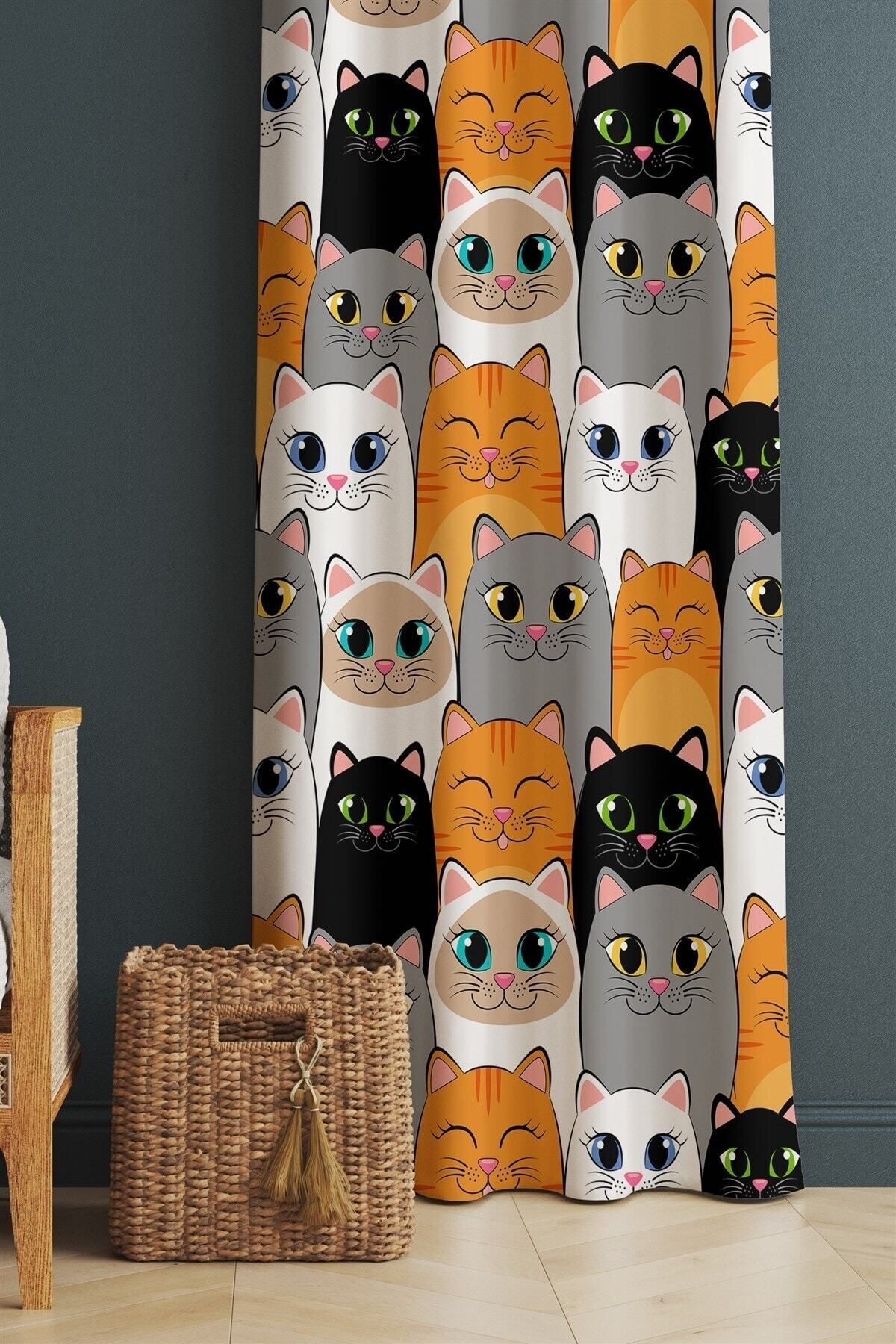 ERİZA Kids Çocuk&Bebek Odası Perde Koyu Renkli Kediler Desenli Fon Perde, Karartma Perde Sarı