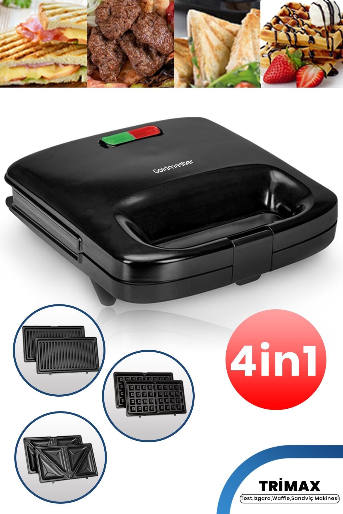 GoldMaster Trimax 4’ü Bir Arada Çıkarılabilir Mini Tost Izgara Waffle Sandviç Makinesi Gm7452