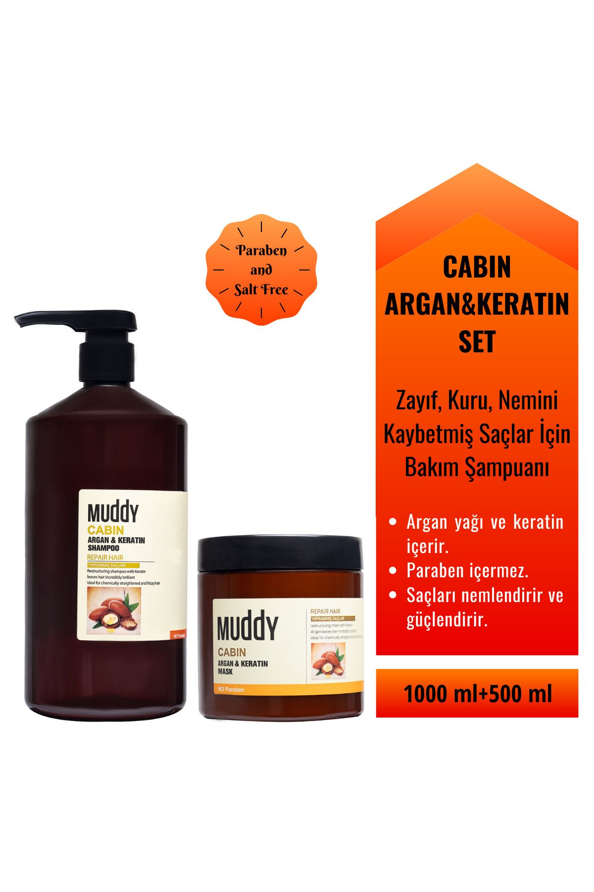Muddy Cabin Argan & Keratin Shampoo 1000 ml Cabin Argan Ve Keratin Mask 500 ml