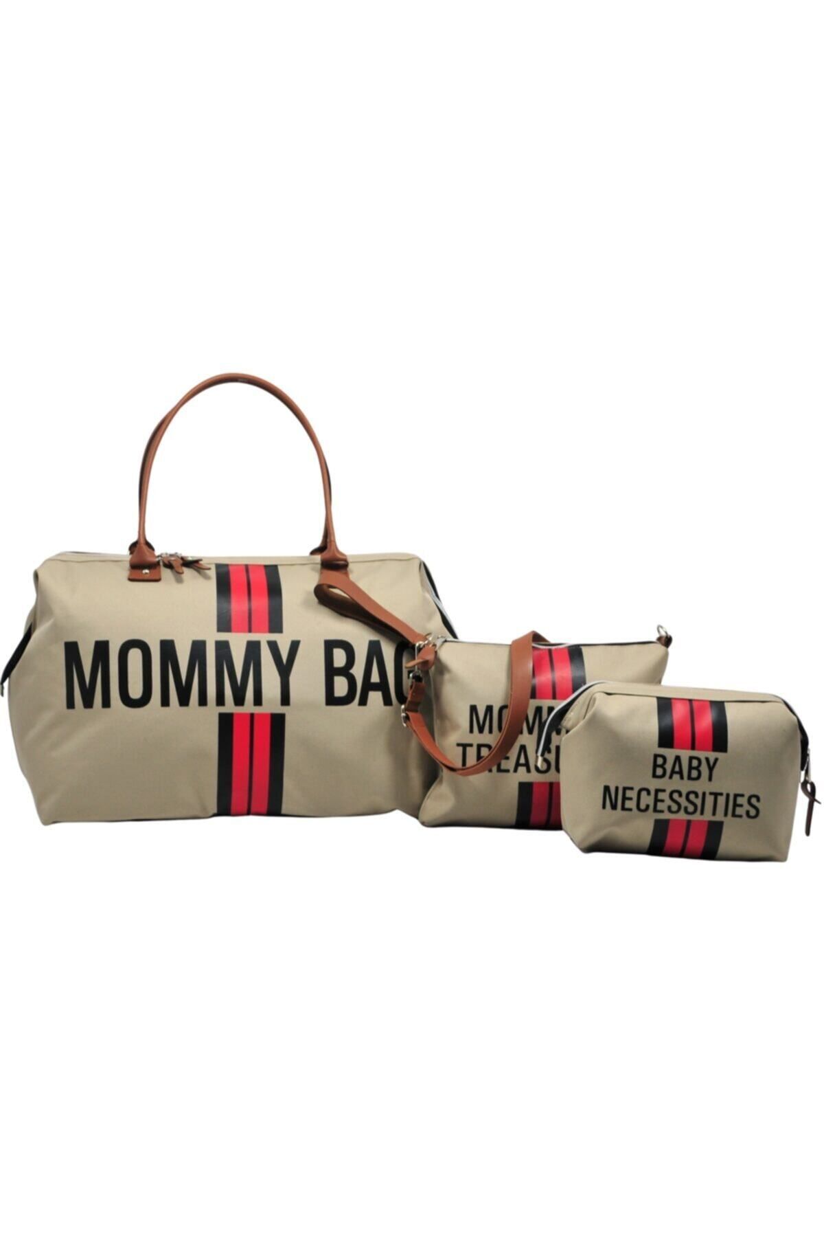 Babysi Mommy Bag Exclusive Tasarım Kırmızı Çizgili 3 Lü Set Bej Baby Anne Bebek Bakım Ve Kadın Çantası